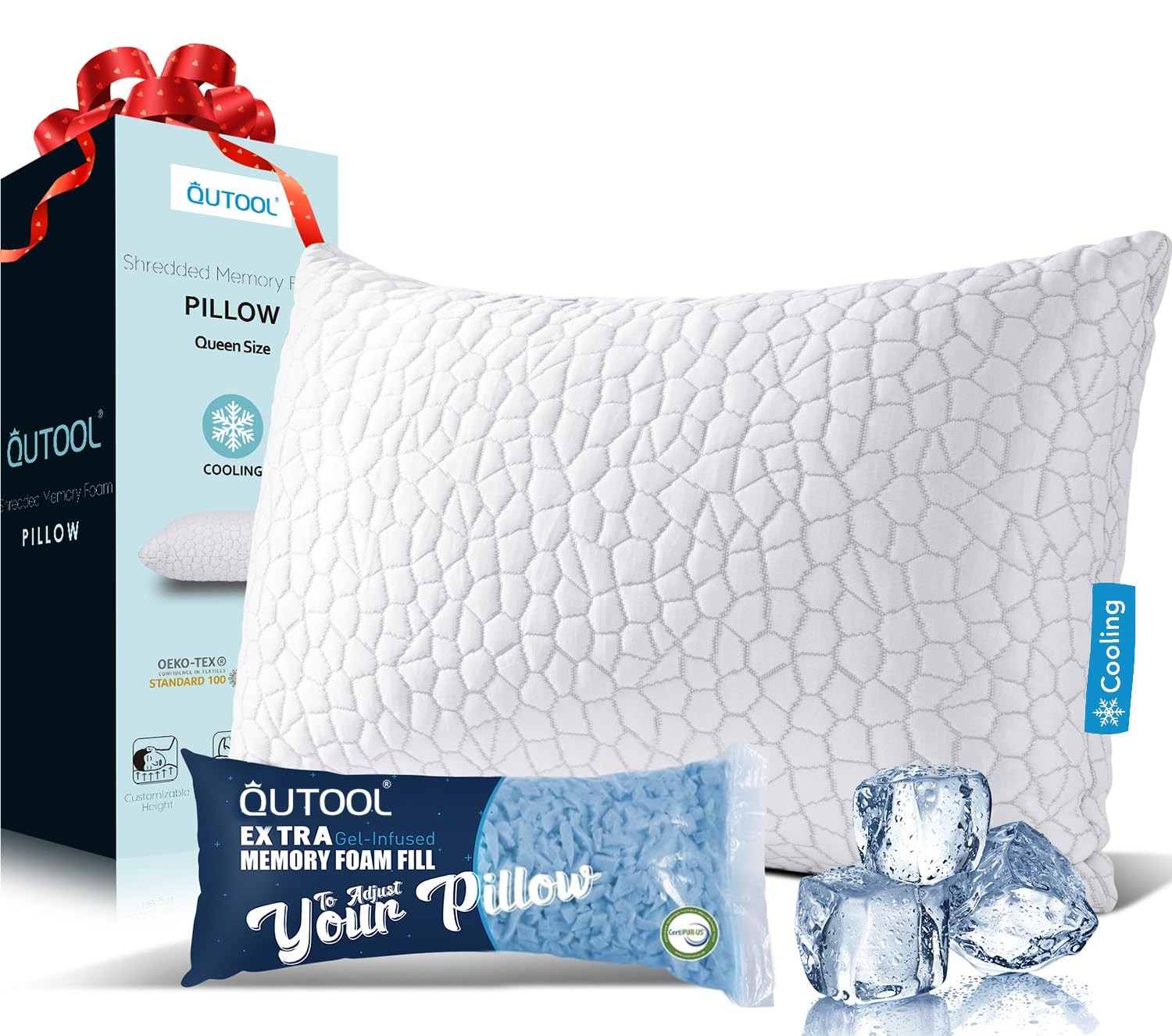 QUTOOL Cooling Memory Foam Pillow Queen Adjustable for Side Back Sleepers