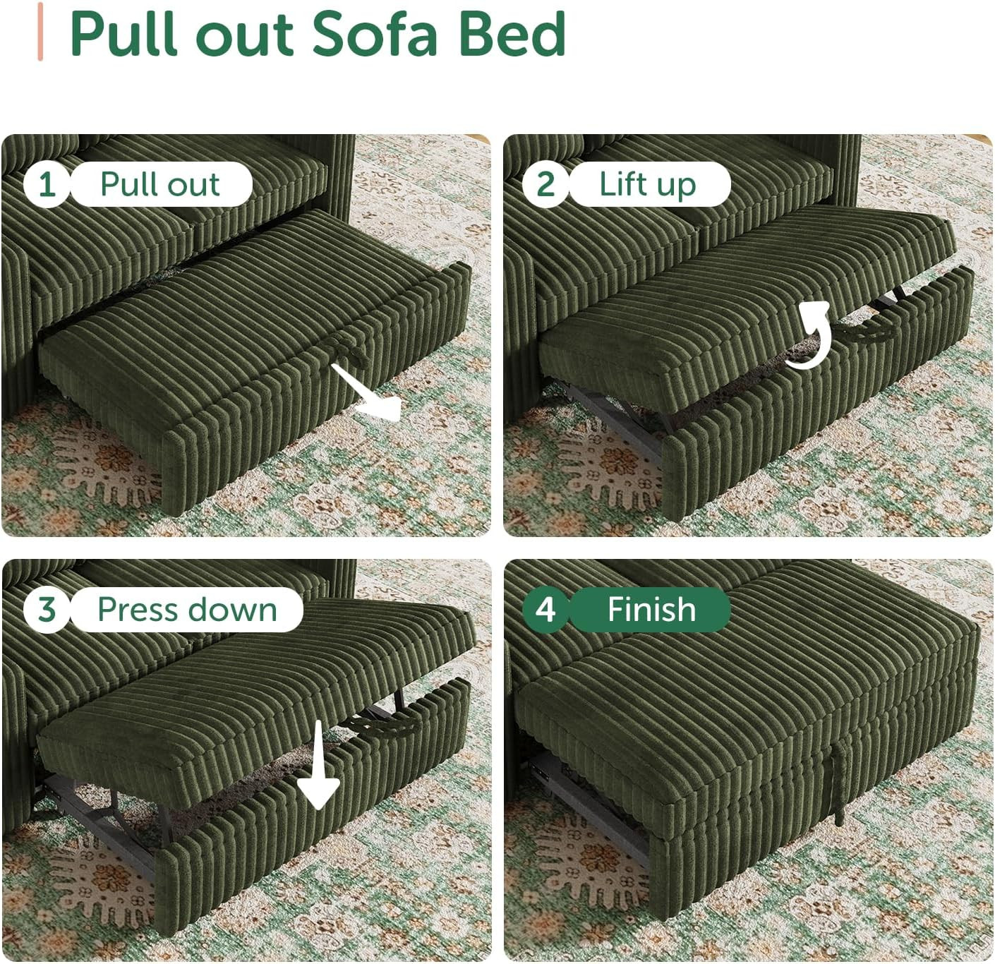 Modular Sectional Sofa with Pull Out Bed,Corduroy L Shaped Sleeper Sofa with Sto
