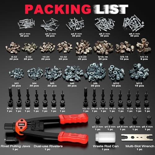 Dual-Function Rivet Nut Tool Rivet Gun Kit Including 405 pcs Rivet Nuts orange