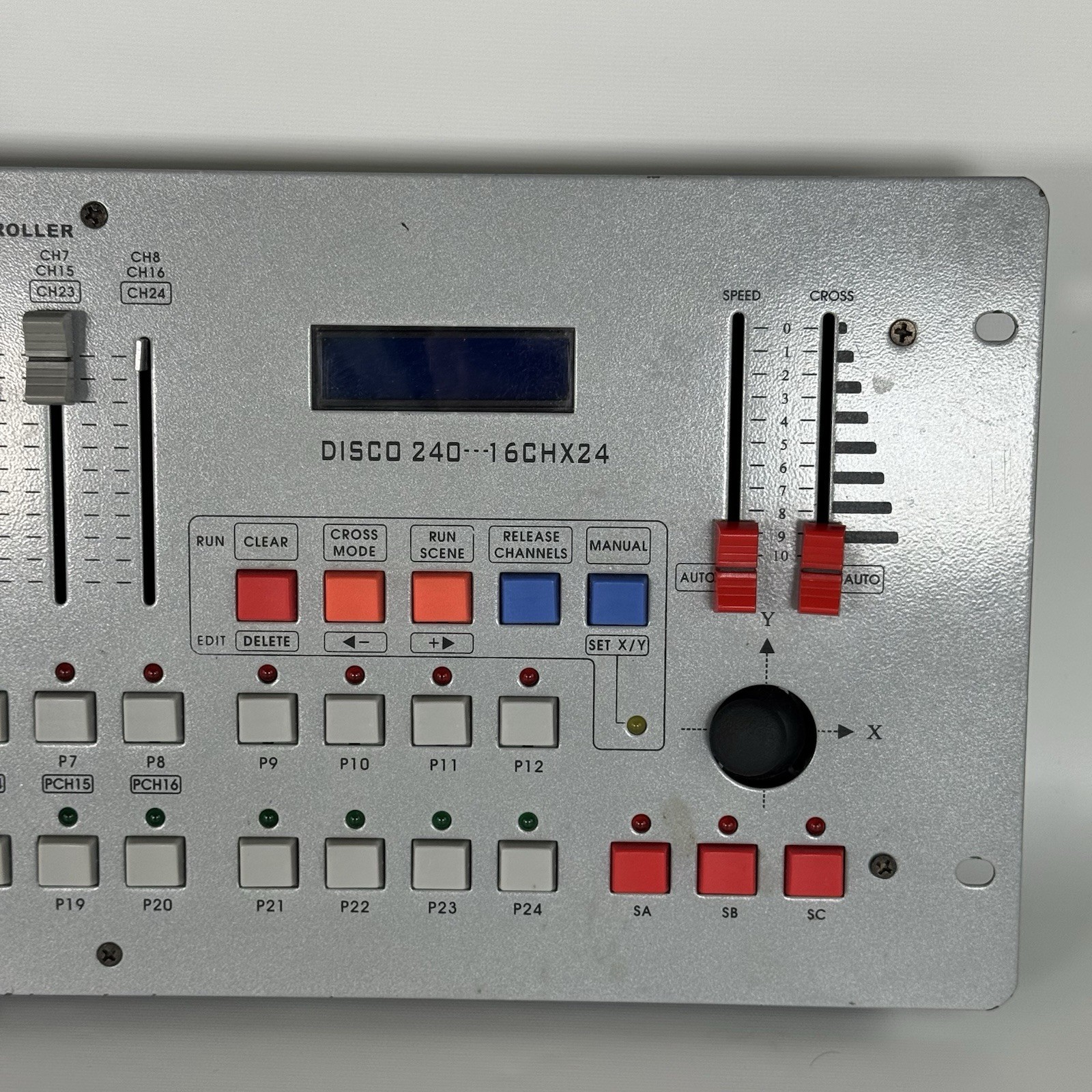 Disco 240 DMX512 stage lighting controller. Fader and joystick control sequencer