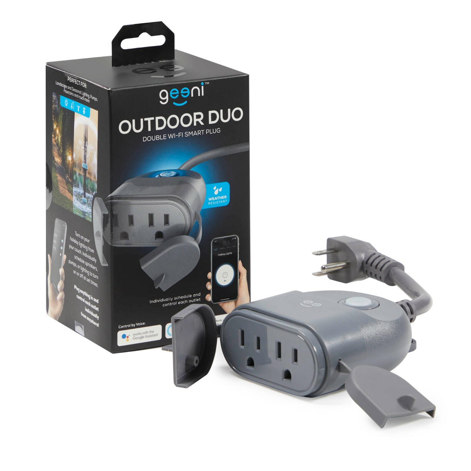 Geeni Outdoor Duo Wi-Fi Smart Plug, Weatherproof, No Hub Required, 2 Outlets