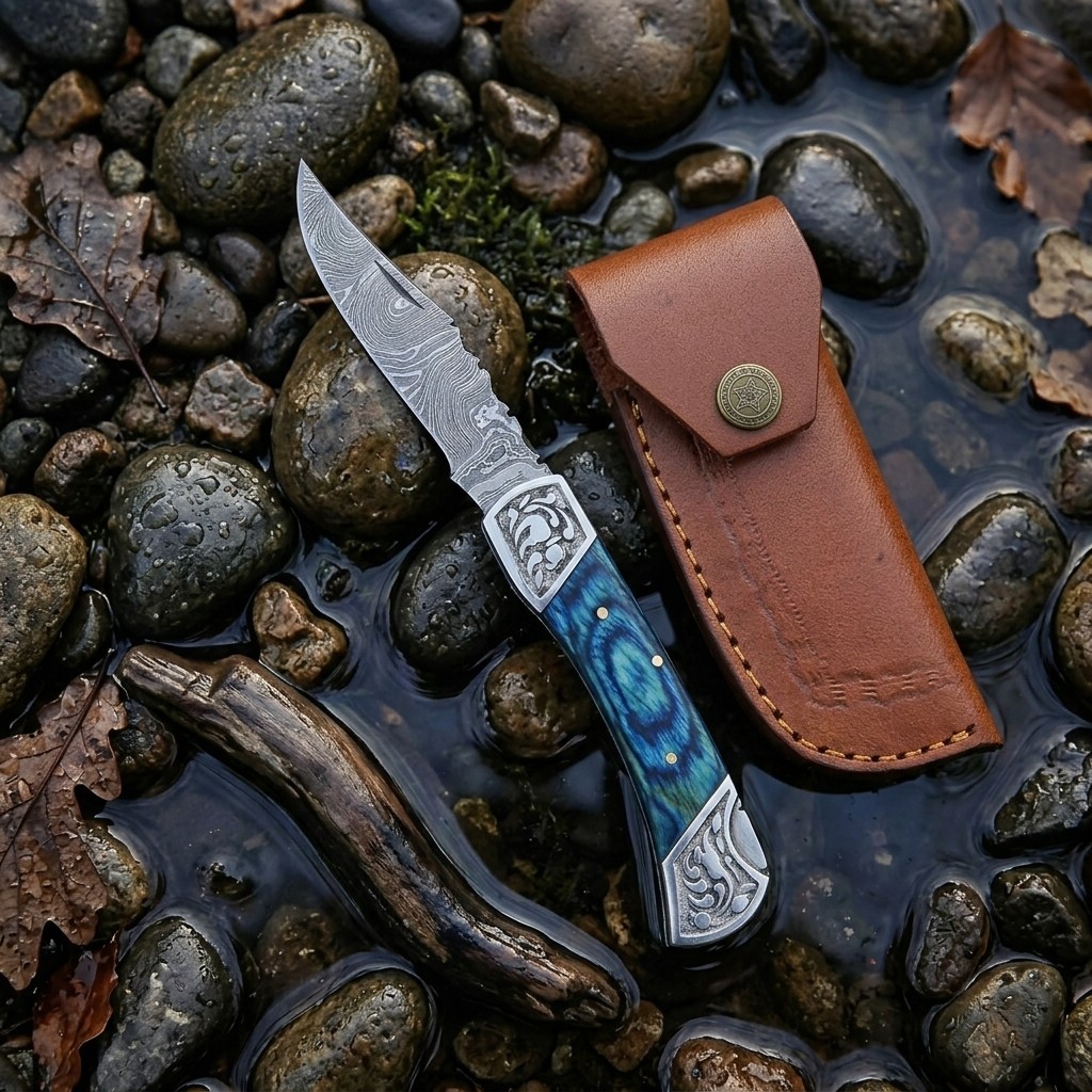 Custom Handmade Damascus Steel Folding EDC Pocket Knife Orange Grey Handle, 6.5'