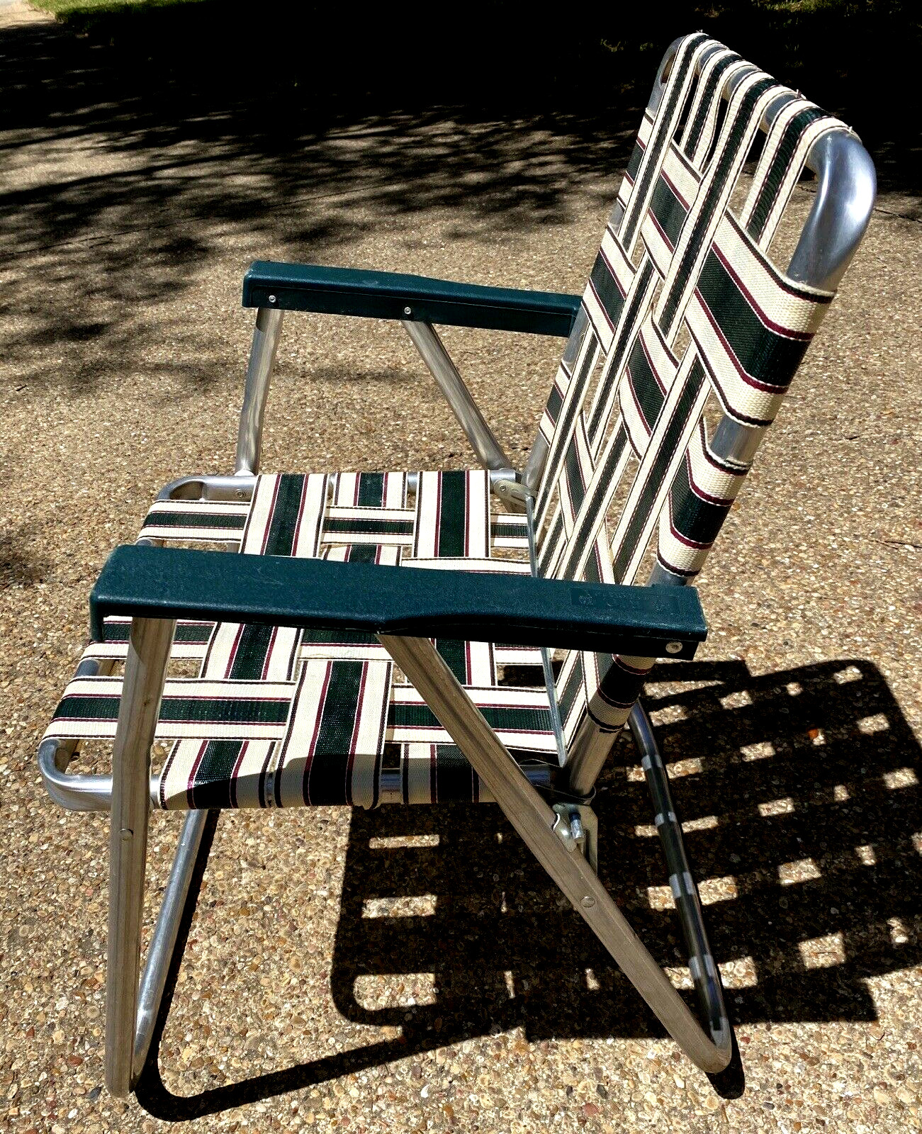 Vintage Aluminum Webbed Green & White Folding Patio Lawn Chair by Rio Backyard