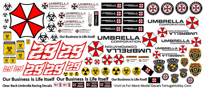 Umbrella Corp Model Decals - Waterslide Decals for Models, Derby Cars and More
