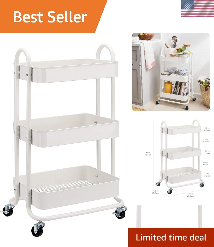3-Tier Rolling Utility Cart, Storage Organizer, Lockable Wheels, Multifunctio...