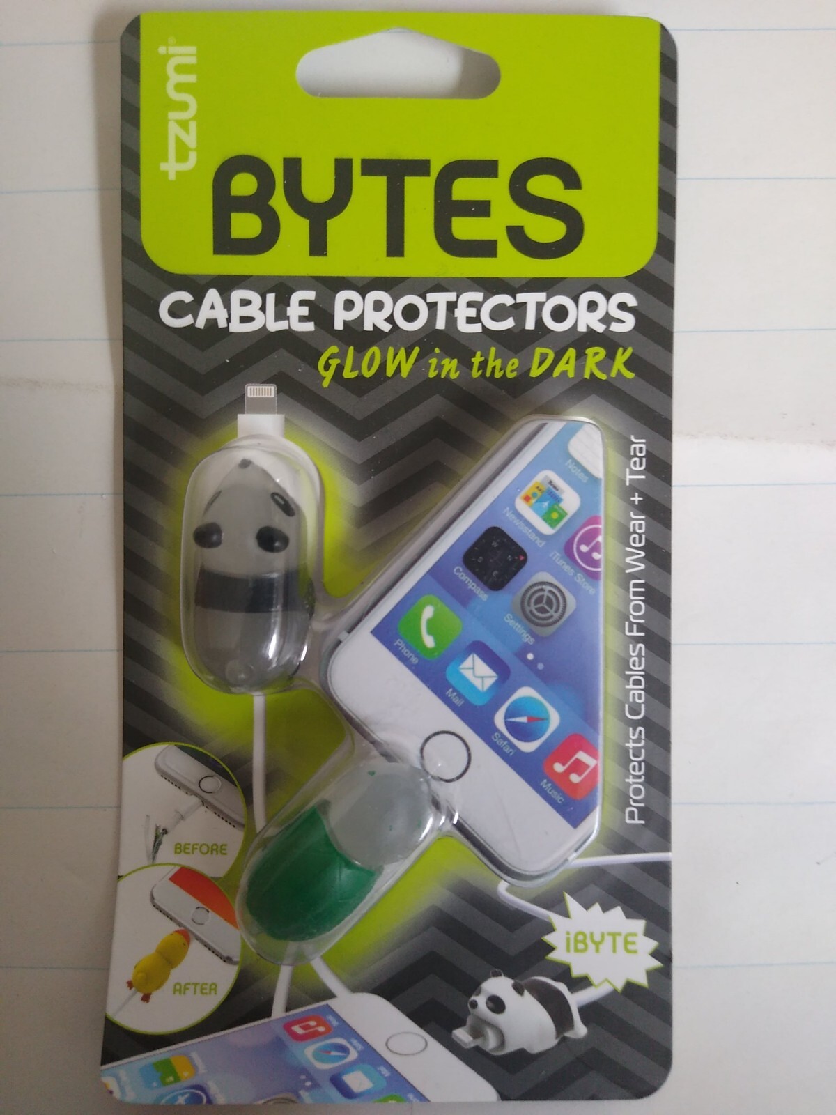 Tzumi Bytes Cable Protector Glow-In-The-Dark Panda & Turtle With Green Shell