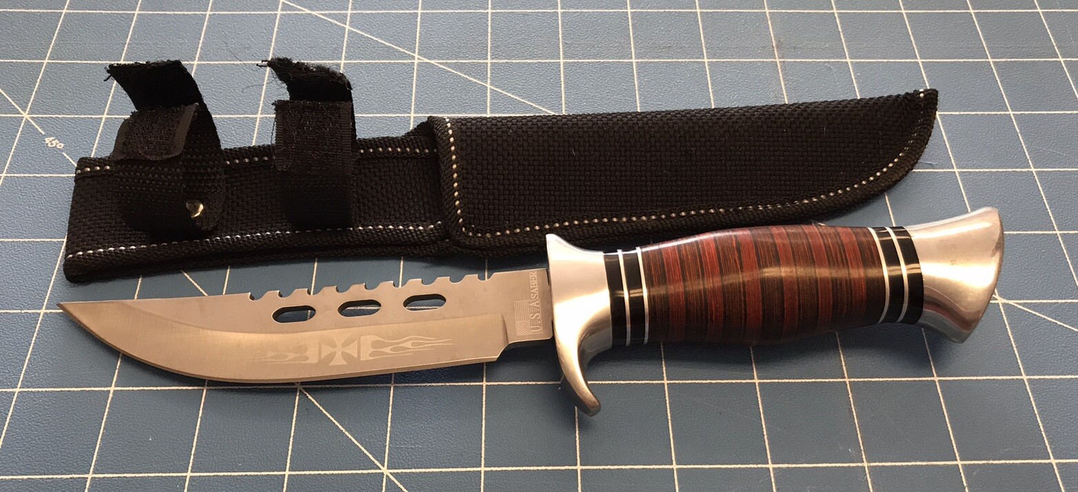 Columbia Iron Cross Flames USA Saber Fixed Blade Hunting Knife Saw Back w/Sheath