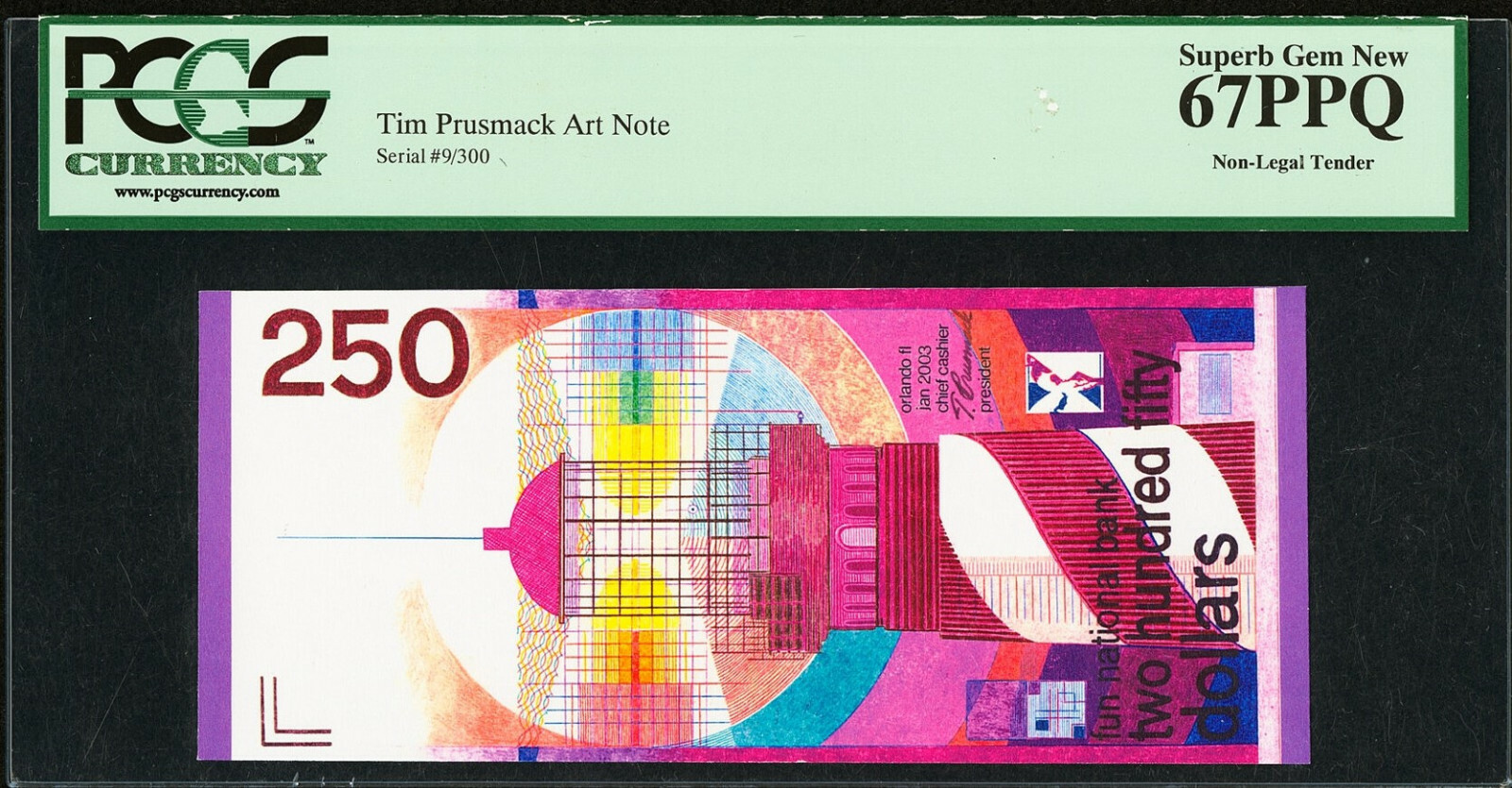 Tim Prusmack Money Art Note Netherlands 250 Gulden 9/300 Sup GEM UNC PCGS 67 PPQ