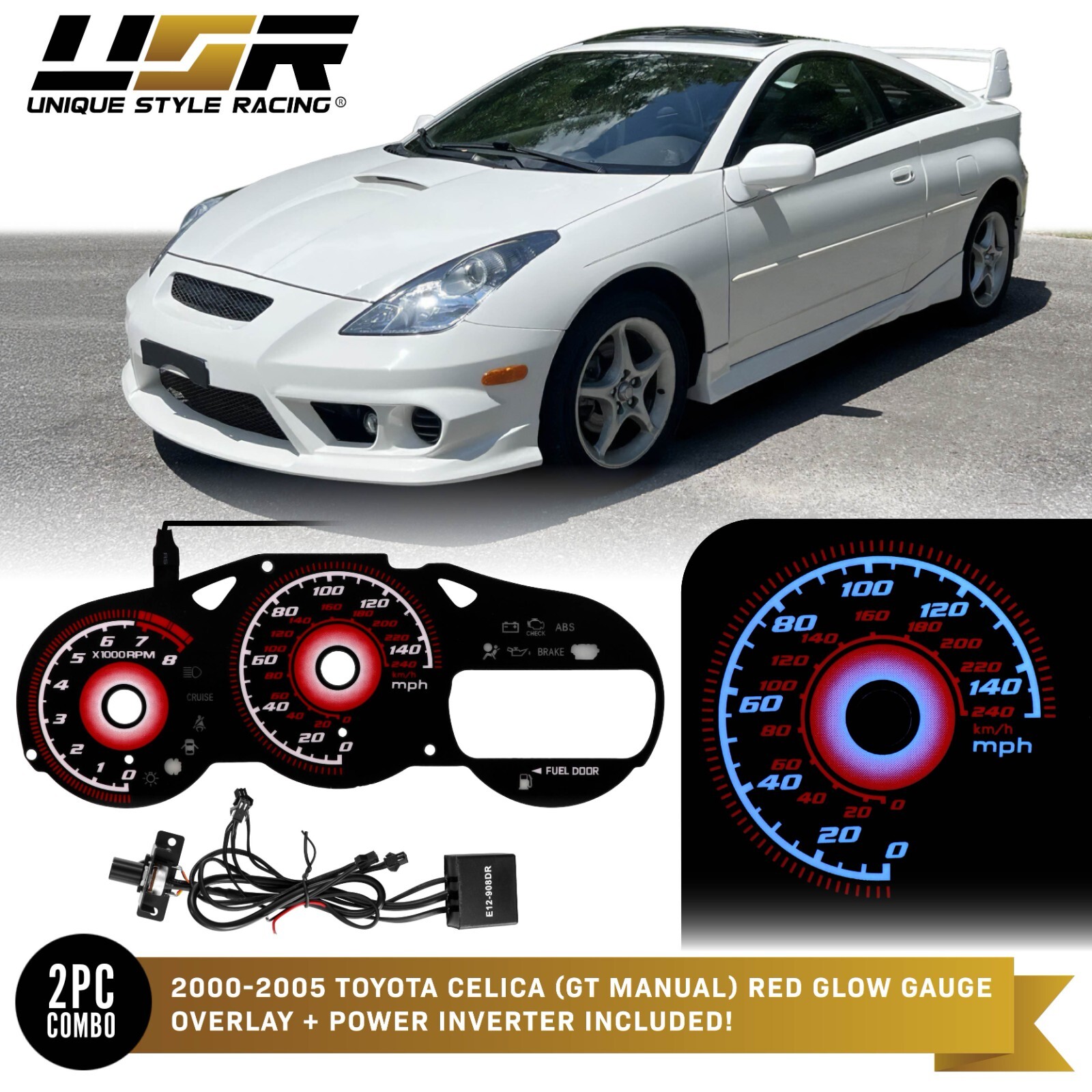RED Glow Gauge Black Overlay For 00-05 Toyota Celica GT/MT Instrument Cluster