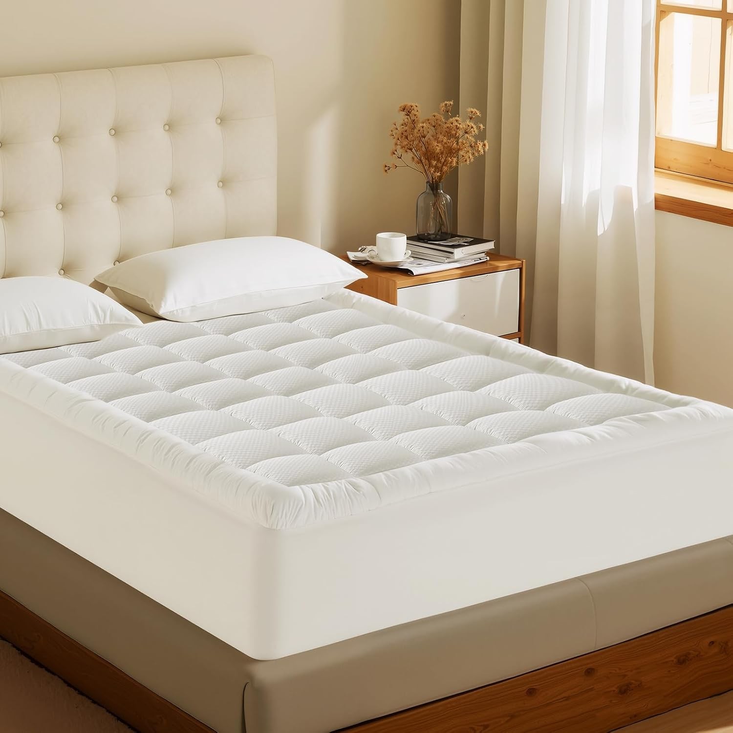 MATBEBY King Size Mattress Pad - Cooling Breathable King, White - Checkered