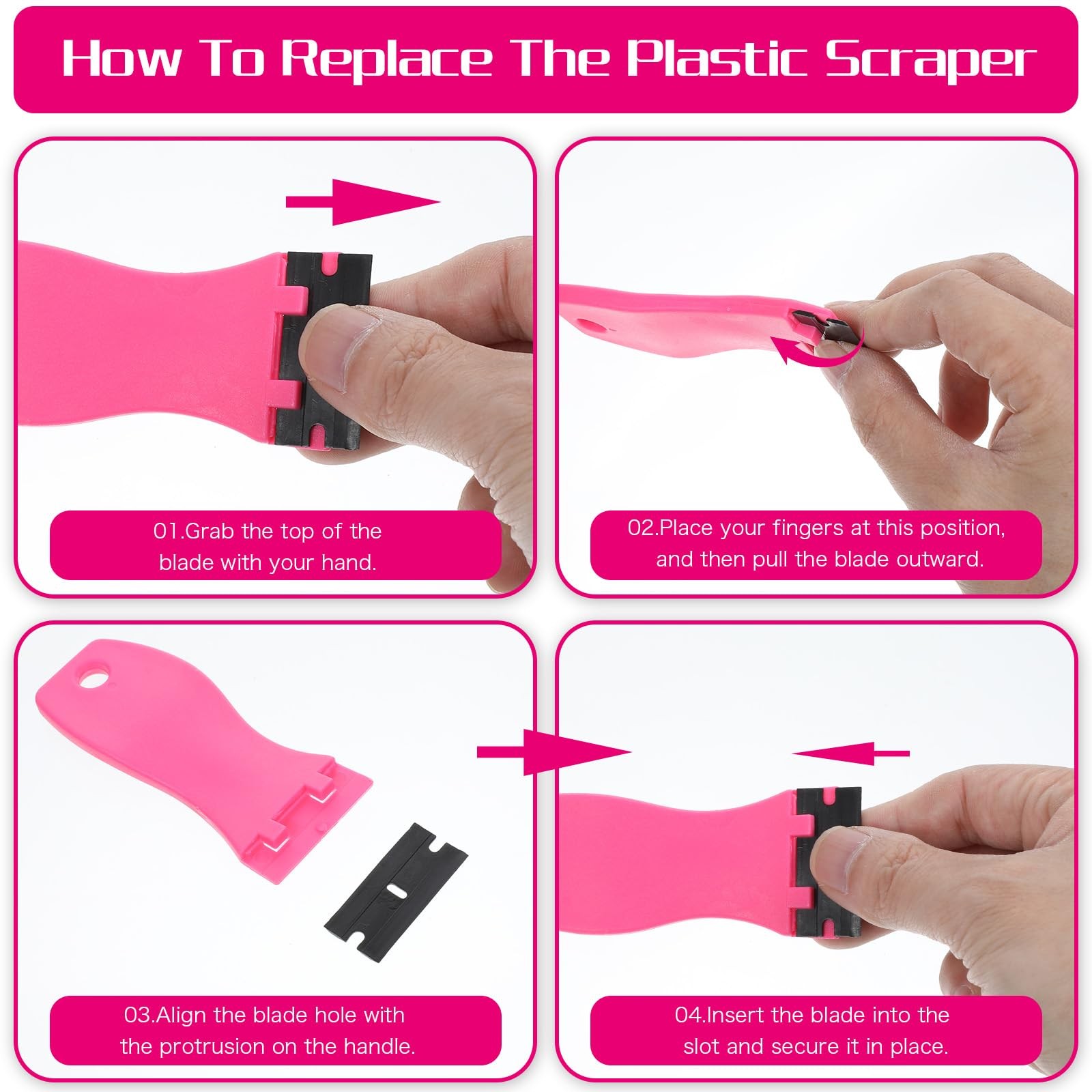 2 Pack Plastic Razor Blade Scraper, Hot Pink Plastic Scraper Tool with 100 Pc...