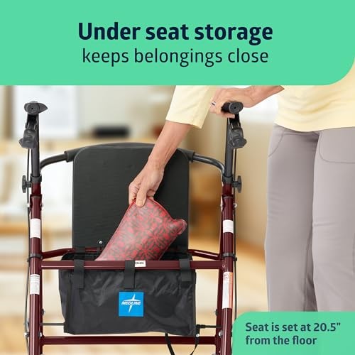 Medline Steel Rollator Walker for Adult Mobility Impairment, Burgundy, 350 lb. W