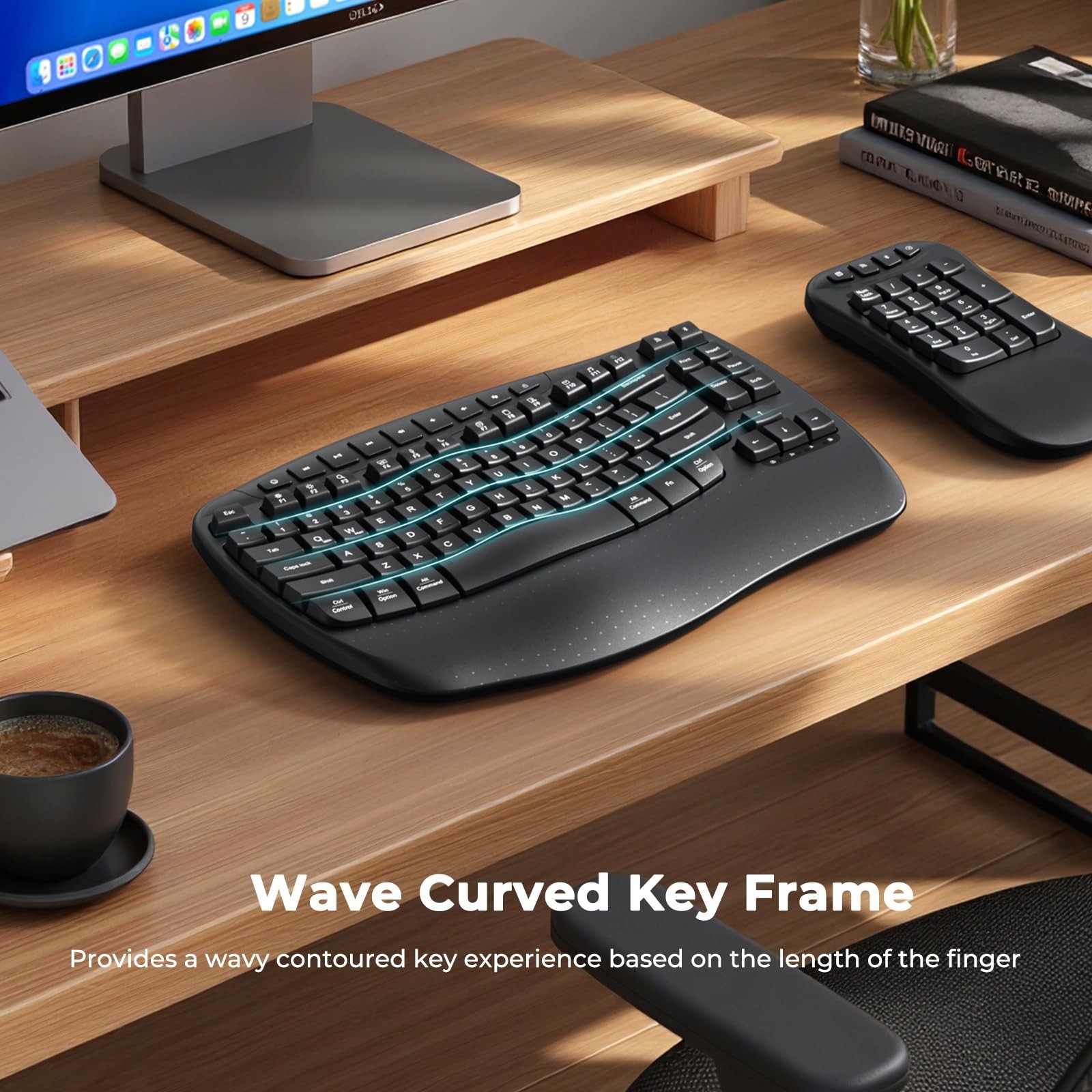 MEETION Wave Ergonomic Split Keyboard with Numeric Keypad, Black | 2.4G/Bluet...