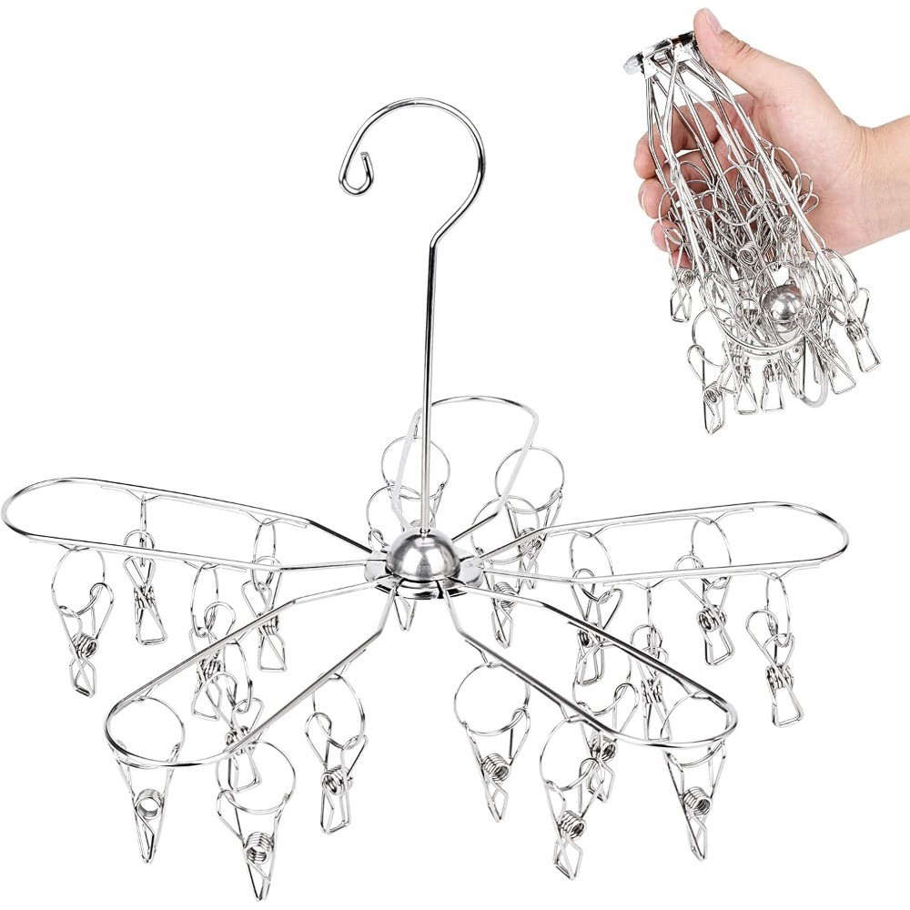 Foldable Stainless Steel Clothes Drying Rack with 20 Clips for Laundry Socks
