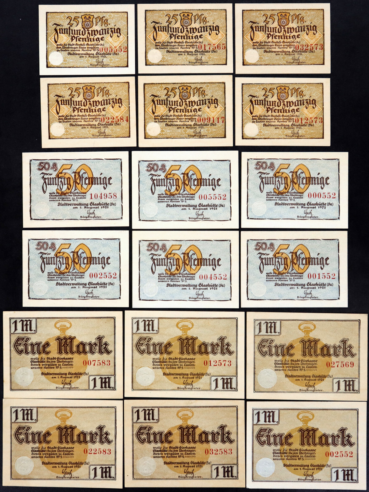 GLASHÜTTE 1921 "Clocks/Precision Industries" RARE Complete 18-note Set Notgeld