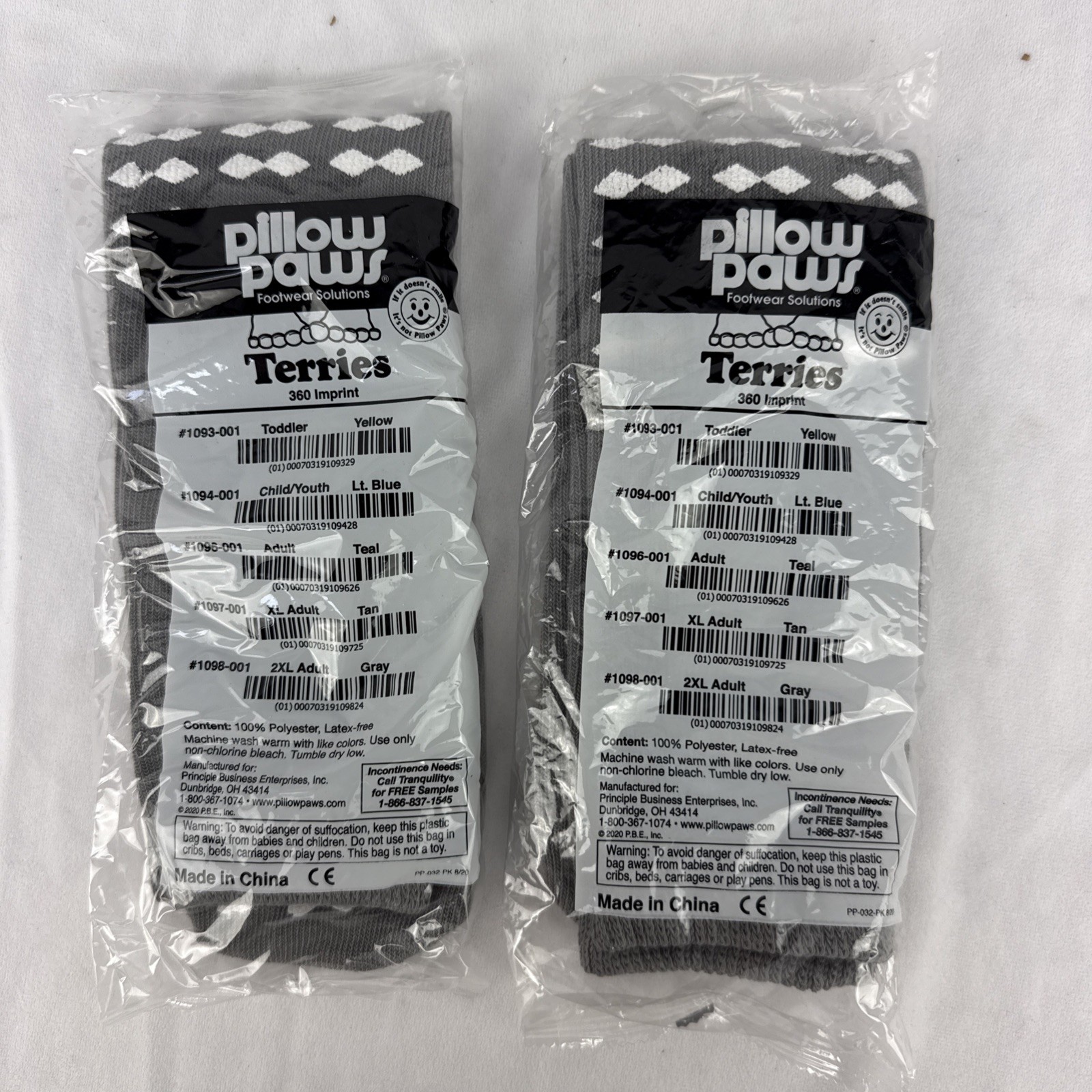 2 Pair PILLOW PAWS Slipper Socks - Terries - Non-Slip Hospital Grey 2XL Adult