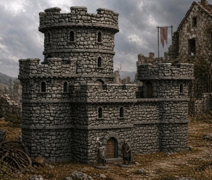 Medieval Fortified Watchtower with Wall- 32mm Scale - Fantasy Terrain - D&D -RPG