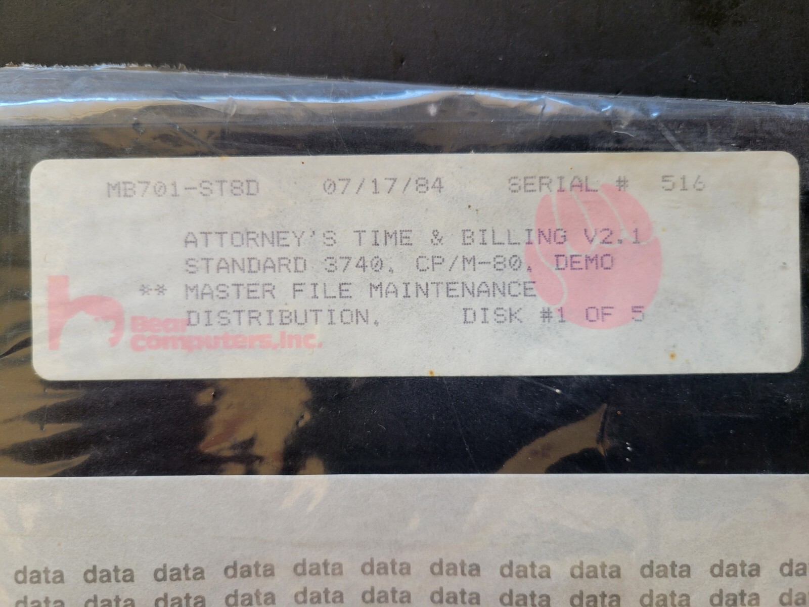 Vintage Attorney's Time & Billing V2.1 Software - 8" Disks 1984 Bear Computers