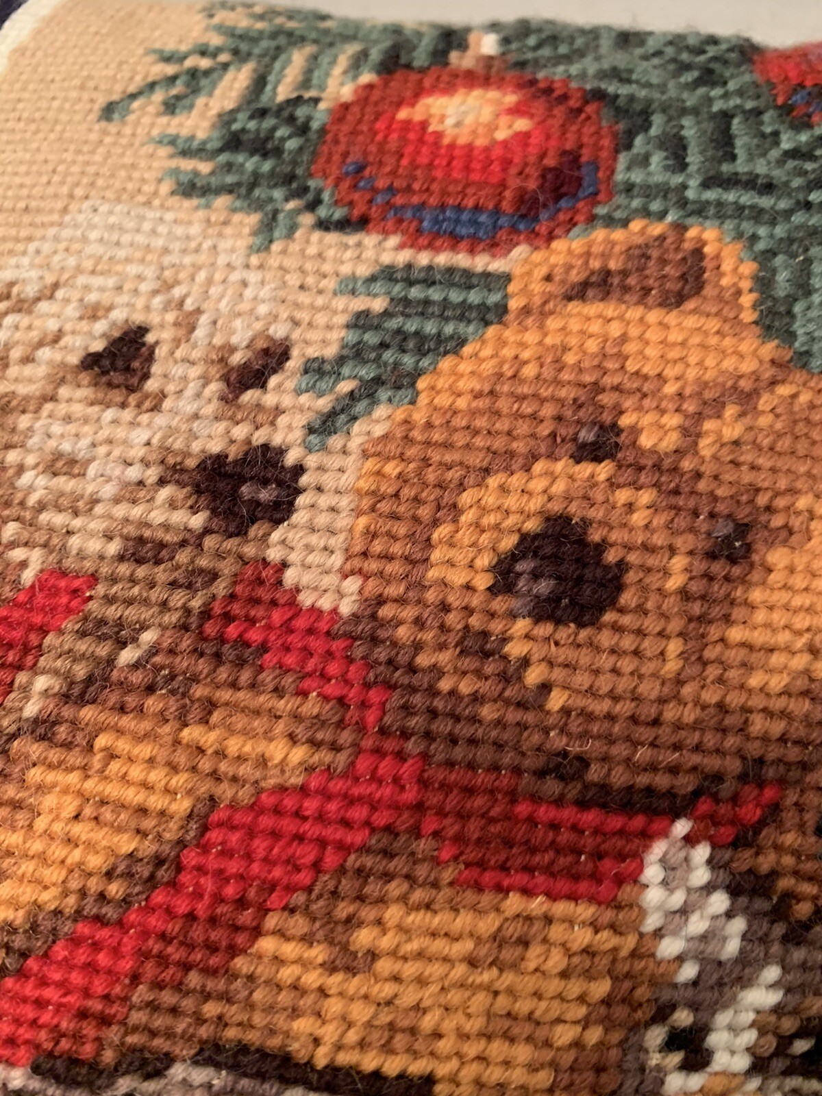 Needlepoint Christmas Decorative Pillow Cocker Spaniel Dog Teddy Bear 9” Square