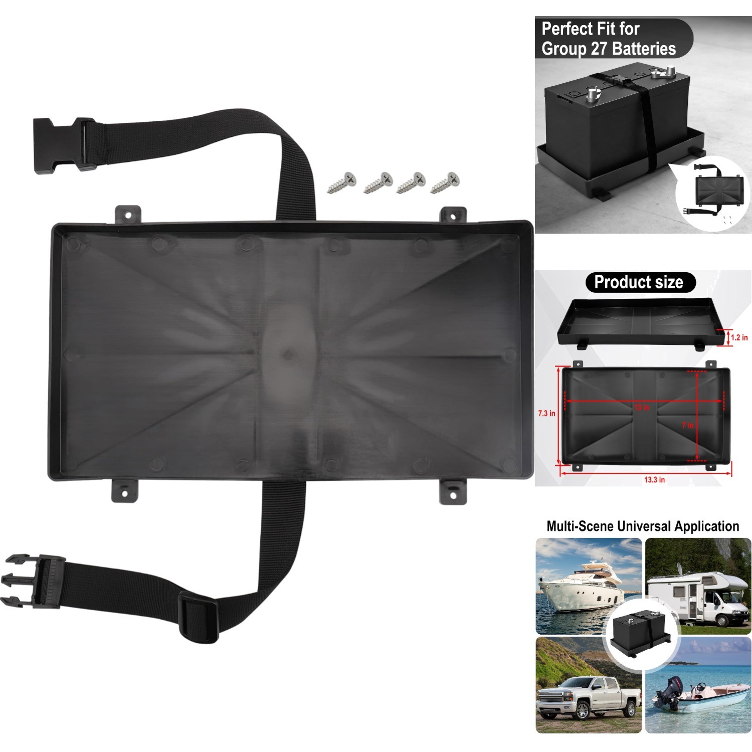 Group 27 Battery Tray with Strap Heavy Duty Marine RV Automotive Plastic Holder
