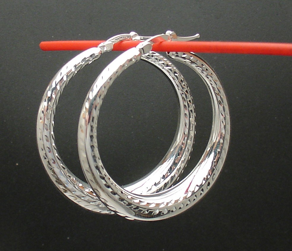 Graduated Full Diamond Cut Round Hoop Earrings Real 925 Sterling Silver