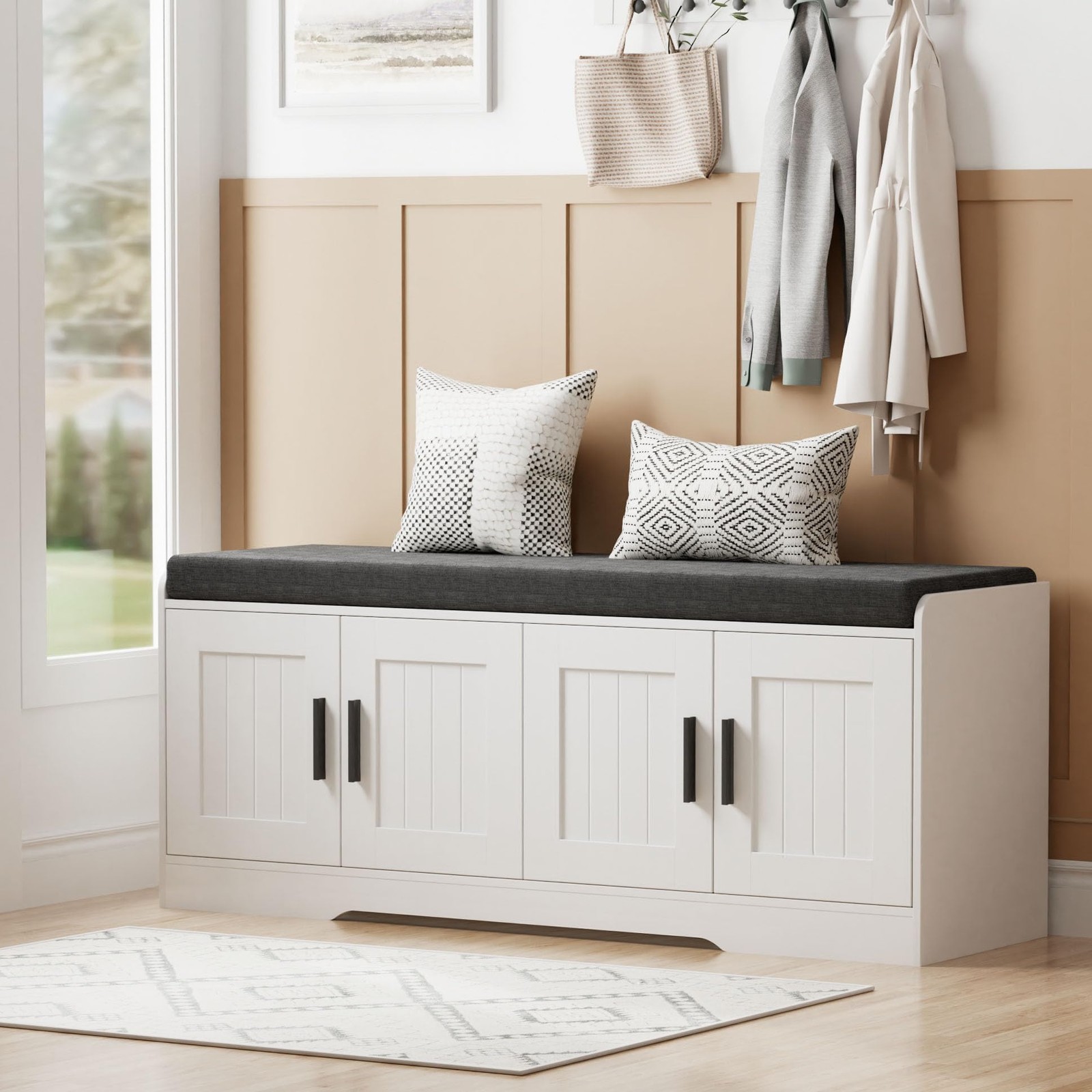 Homleke 2-Tier Storage Bench, Shoe Bench with Thickened Padded 45.3", White