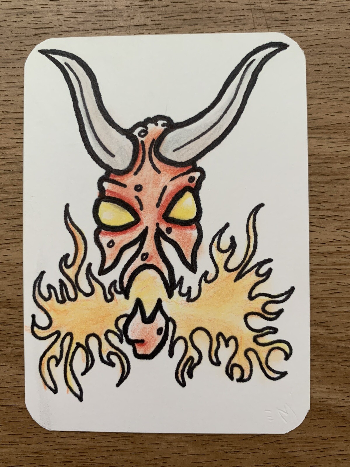 Fire Breathing Demon ACEO Original Art Signed by Artist ATC  In Top Loader