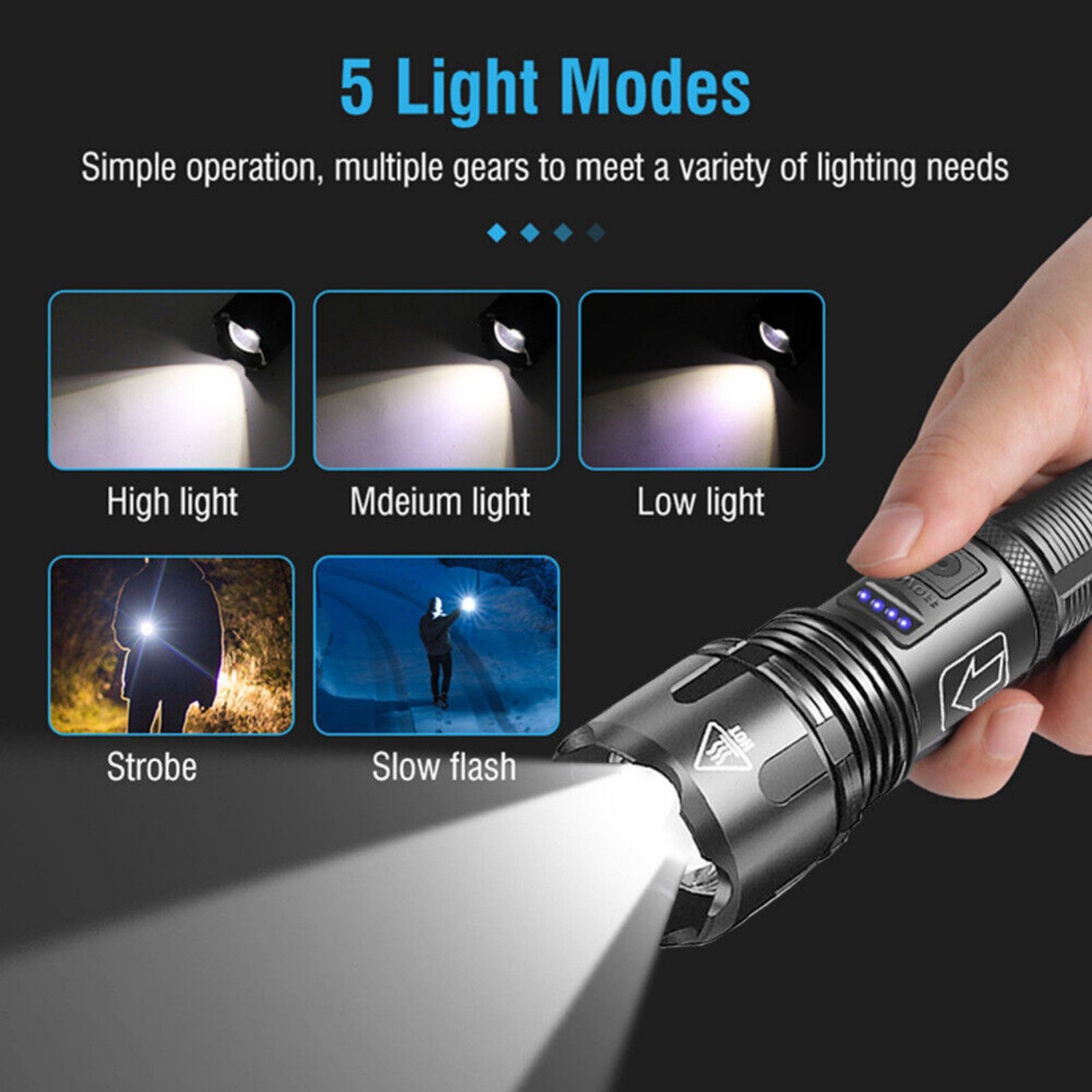 LED Flashlight 1000 lumens Super Bright Tactical Rechargeable Retractable Zoom