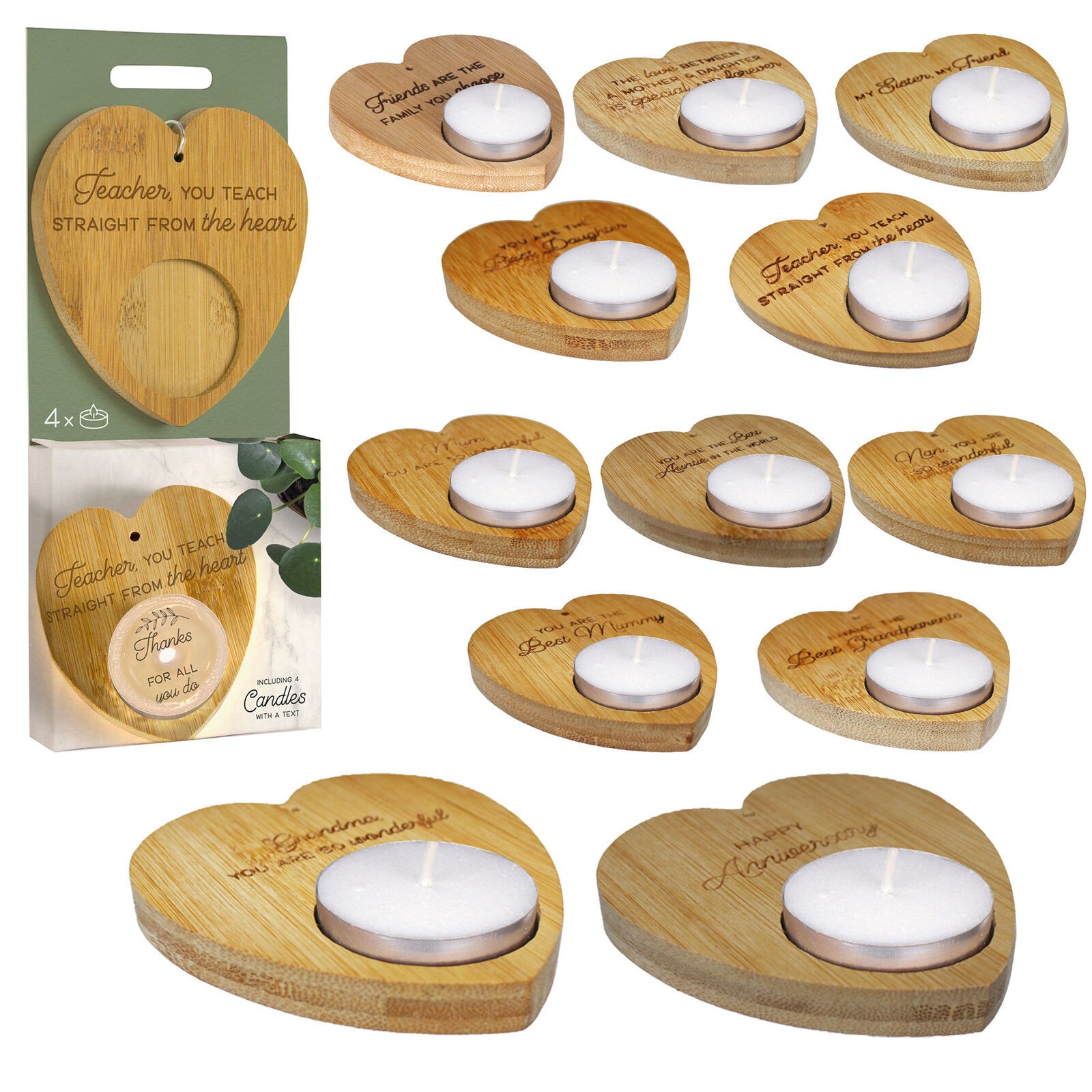 Heart Tealight Holder and 4 Tealights with Hidden Text Sustainable Bamboo