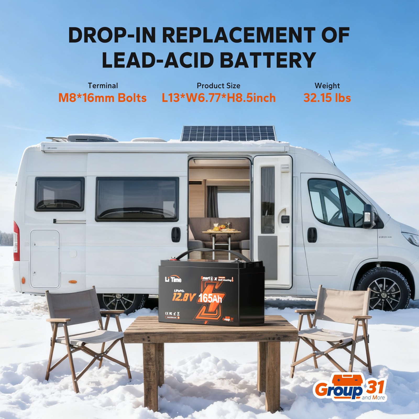 Refurbished LiTime 12V 165Ah Bluetooth Heating Group 31 LiFePO4 Lithium Battery