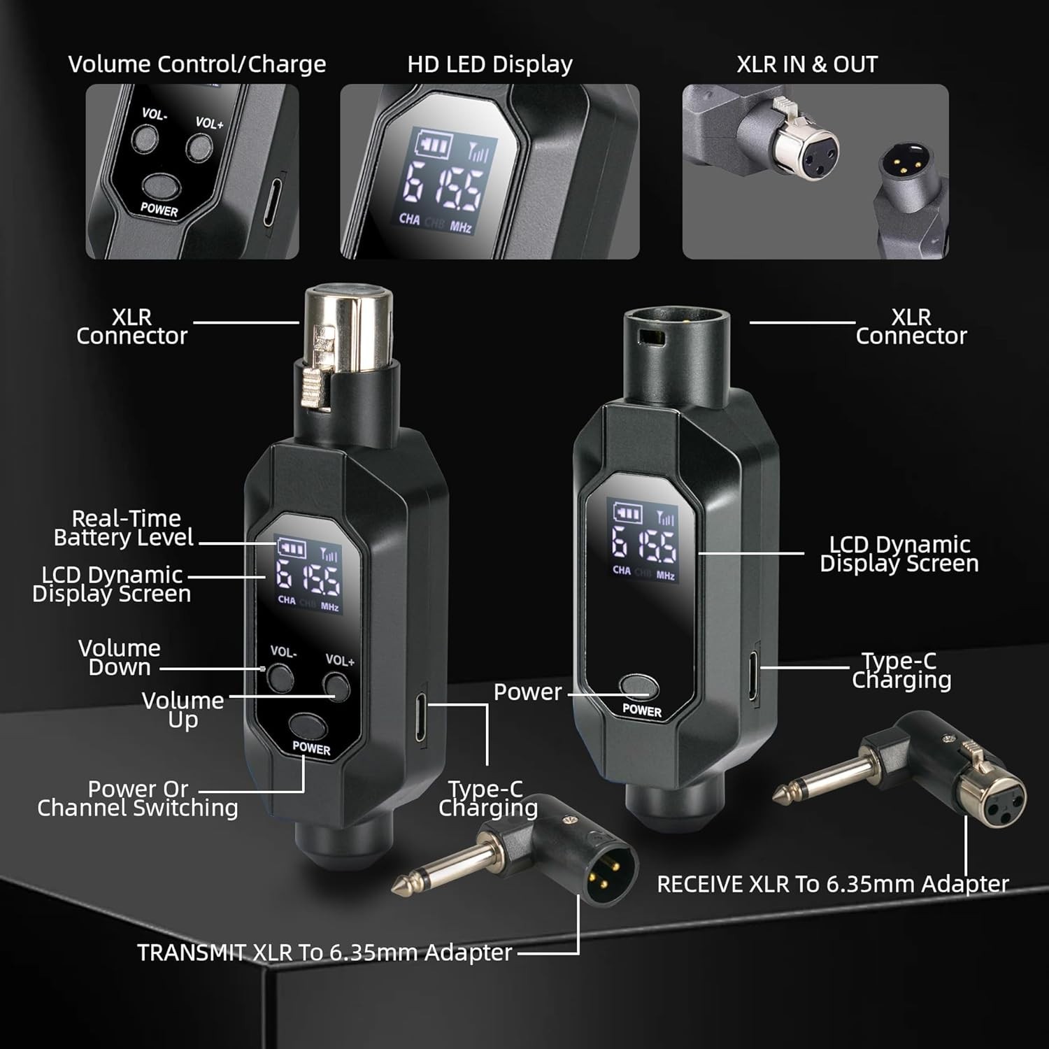 Wireless XLR Microphone Transmitter Phantom Power, 2.4G Auto Noise Reduction, Re