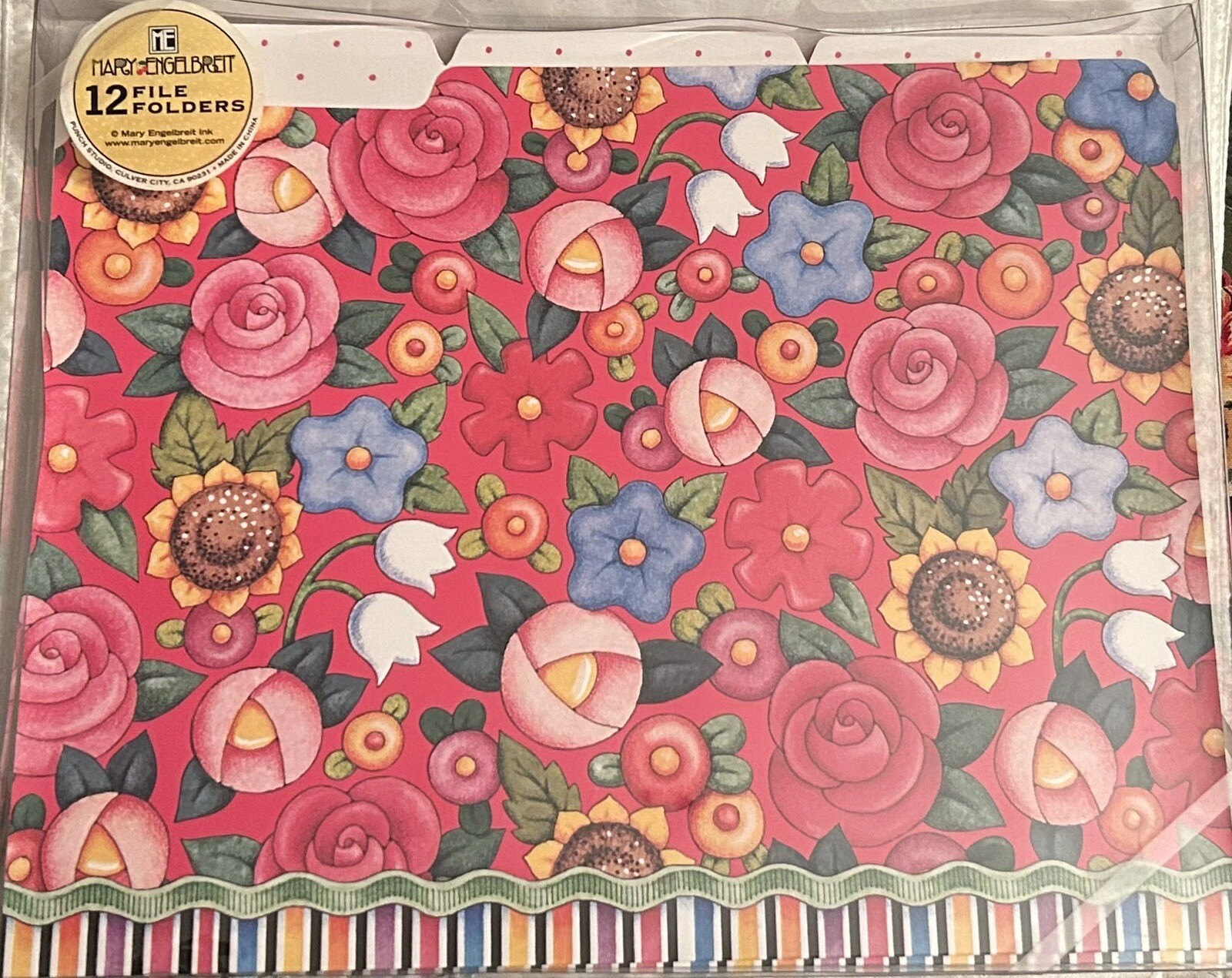 NIB Vintage Mary Engelbreit Set Of 12 Cardboard File Folders, Pink Floral