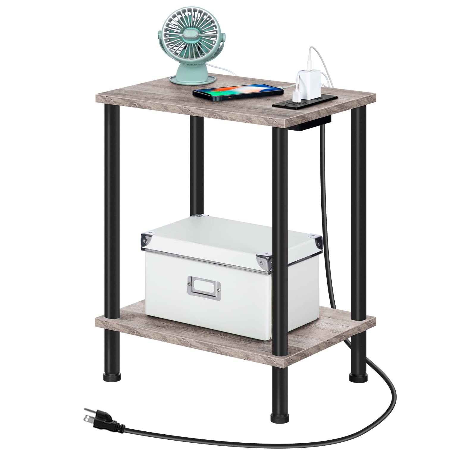 HOOBRO Side Table with Charging Station, 15"L x 11"W x 21.7"H, Greige + Black
