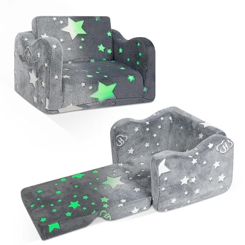 Toddler Couch, Glow in The Dark Kids Couch 2 in 1 Sofa Bed, Convertible Grey
