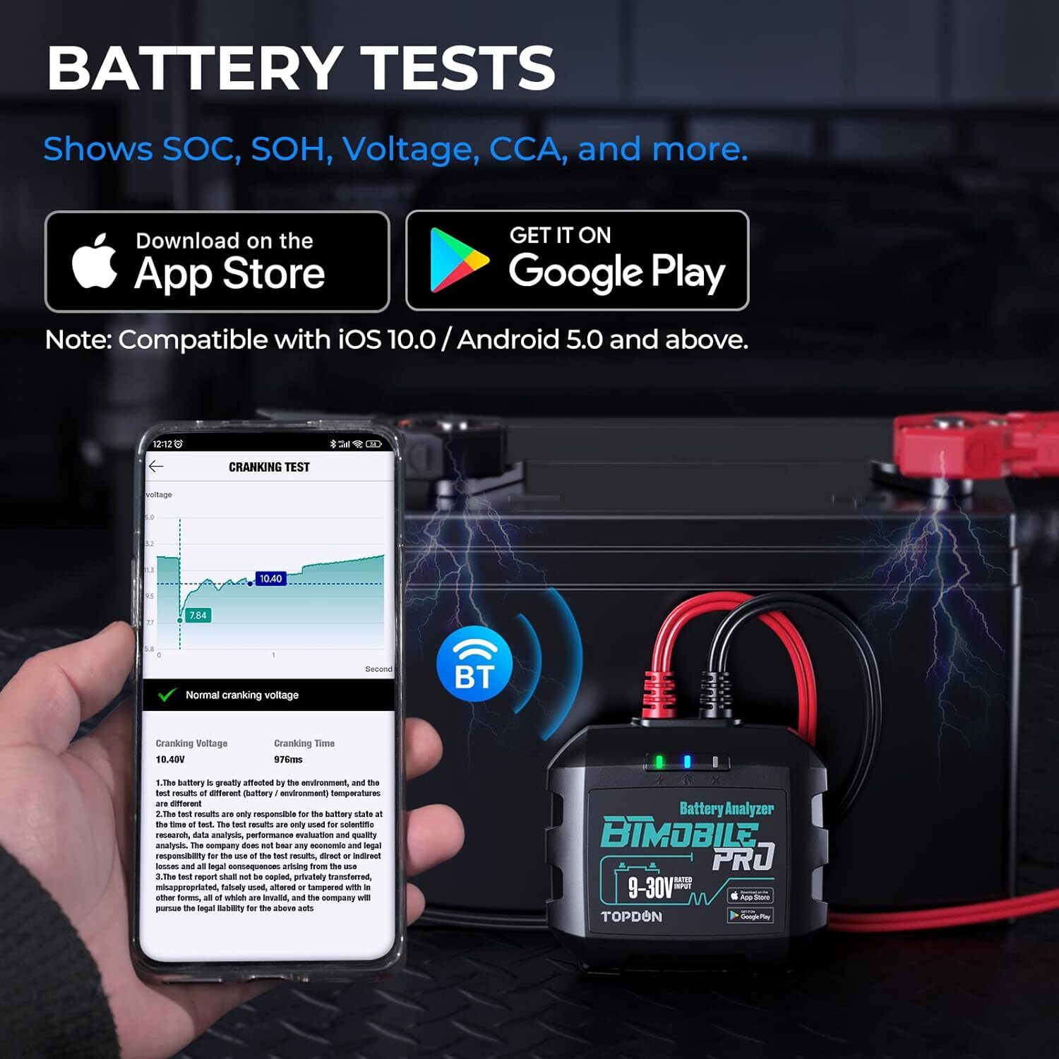 TOPDON BTMobile Pros 12V 24V Battery Tester Bluetooth Alternator Load Analyzer