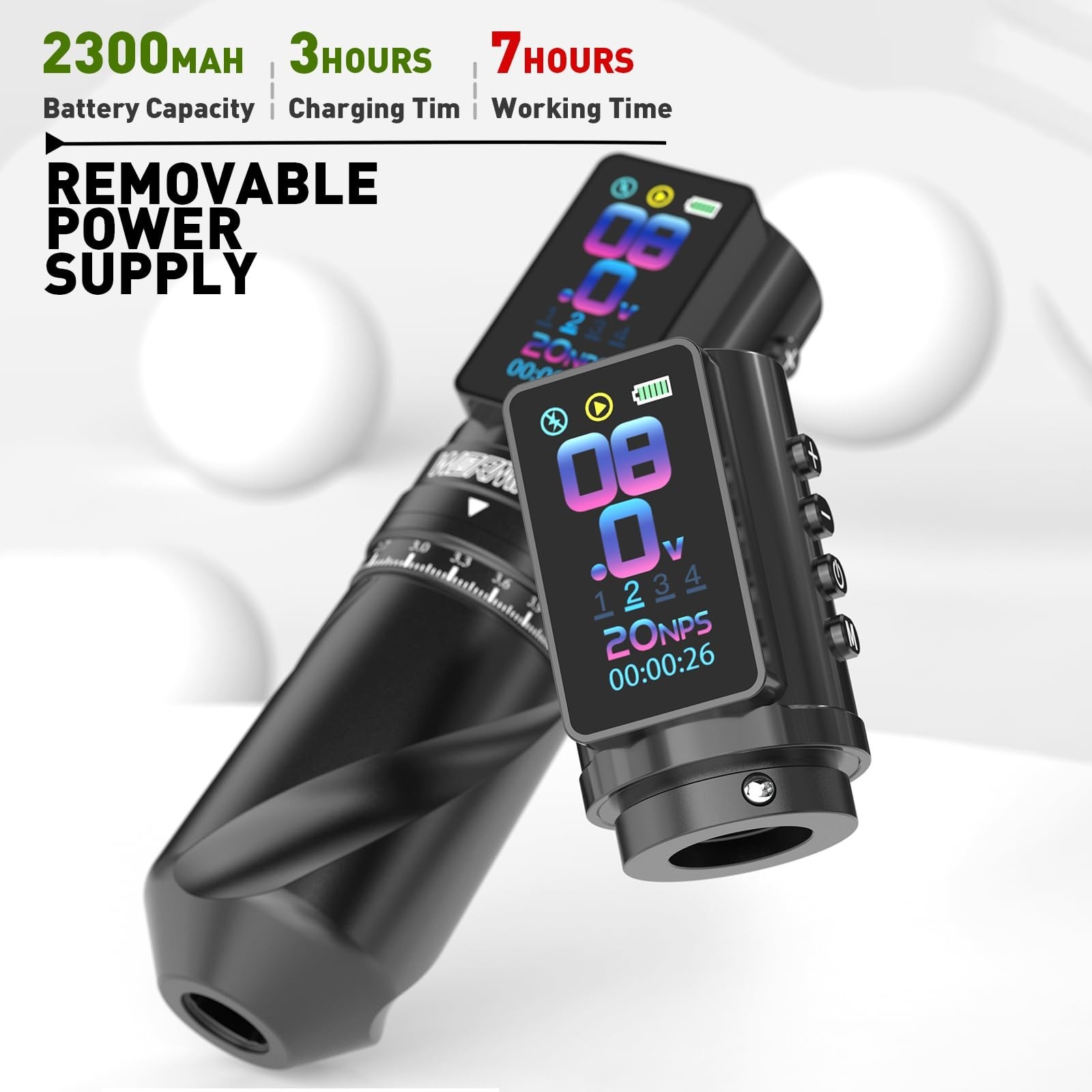 Wireless Tattoo Machine with 2 PCS 2300mAh Batteries, Smart Display, 3 Modes, 7