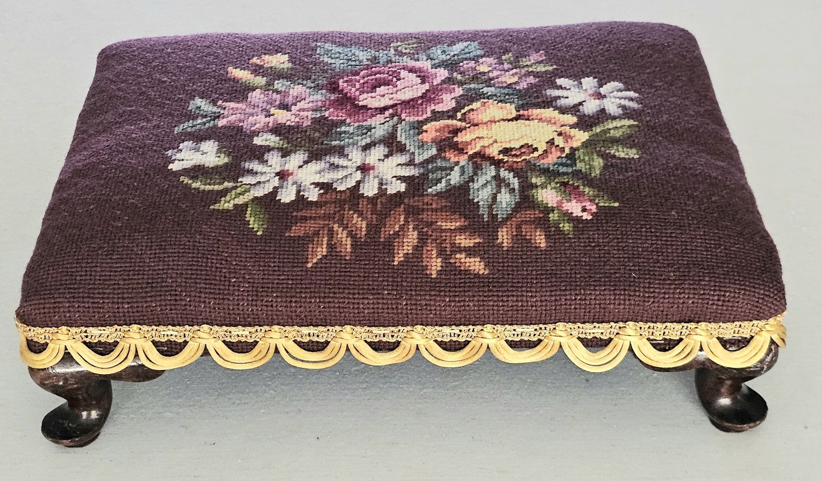 Antique French Provincial FOOTSTOOL Needle Point tapestry Rose Upholstery Carved