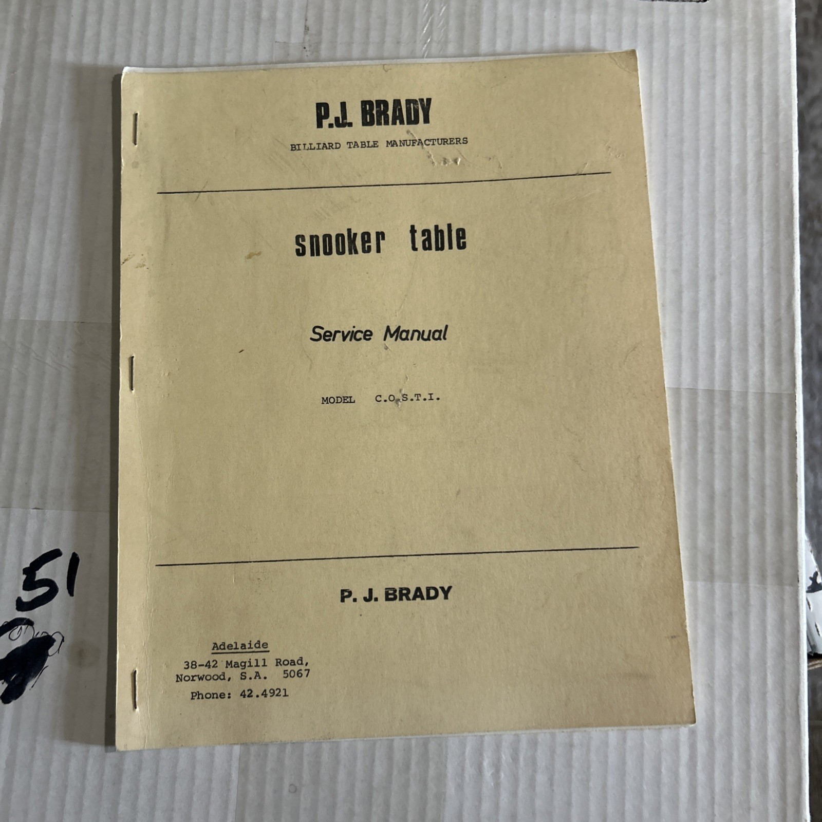 original Snooker Table Pool Pj Bradley  Costi arcade game manual