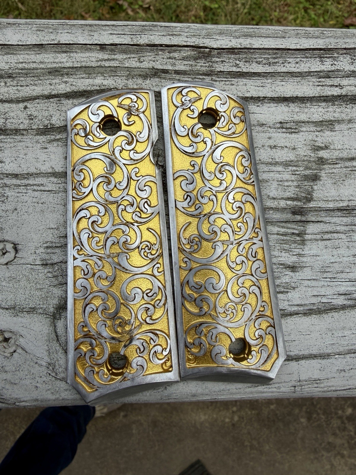 Deep Engraved Polished Aluminum 1911 Full Size Grips with Gold Inlay