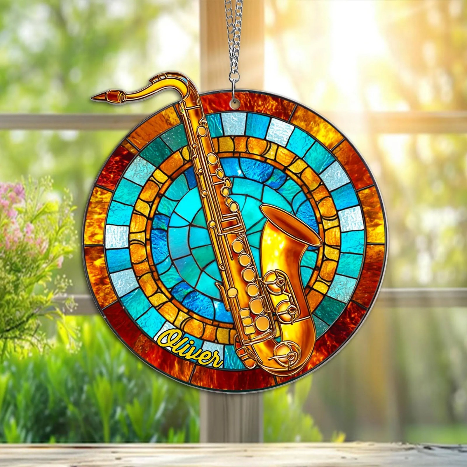 Saxophone Suncatcher Faux Stained Glass Window Hanging Ornament Gift Decor Home