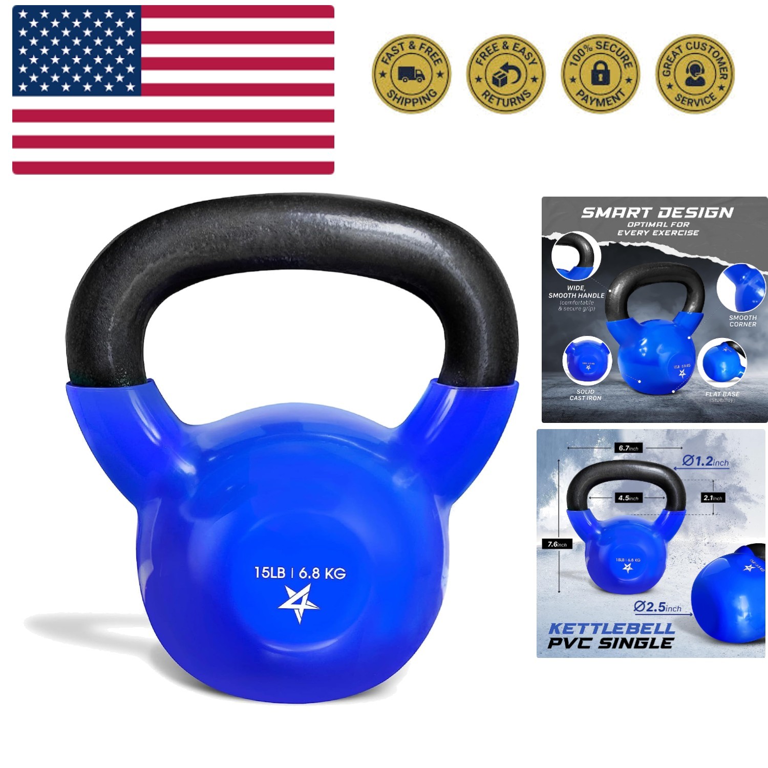 Kettlebell, 5-100 LB Vinyl Coated Cast Iron Strength Training Kettlebells for...
