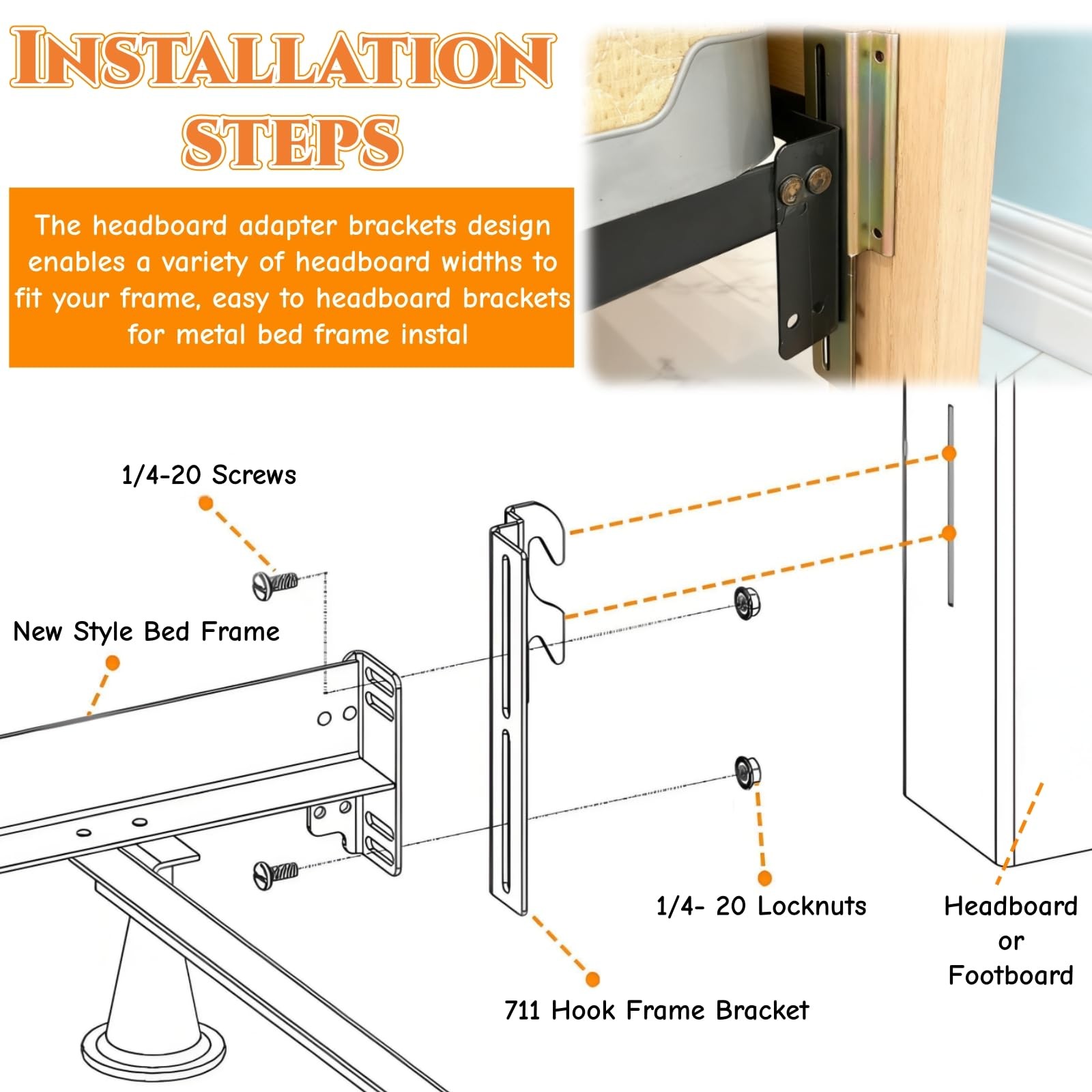 Set of 4 Bed Frame Conversion Brackets, Bolt On to Hook On Headboard Adapter