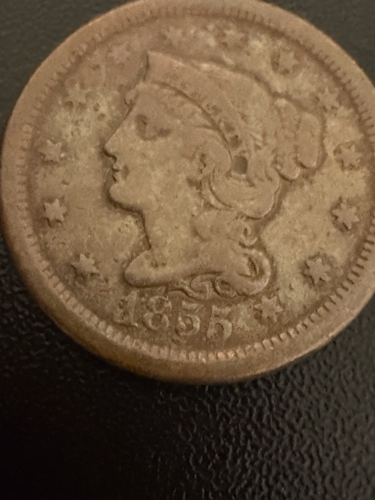 1855 Upright Vertical 55 5’s Large Cent VG