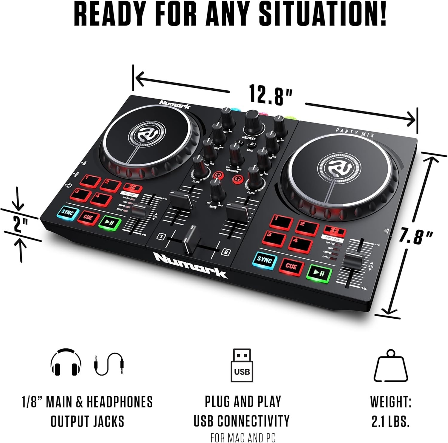 Party Mix II DJ Controller with Lights, 2 Decks, Mixer, Audio Interface and