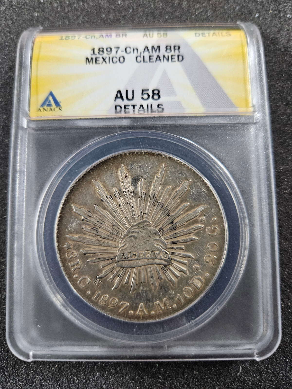 🌟 1897 Cn AM Mexico Silver 8 Reales Mexican Coin ANACS AU58 DETAILS CLEANED