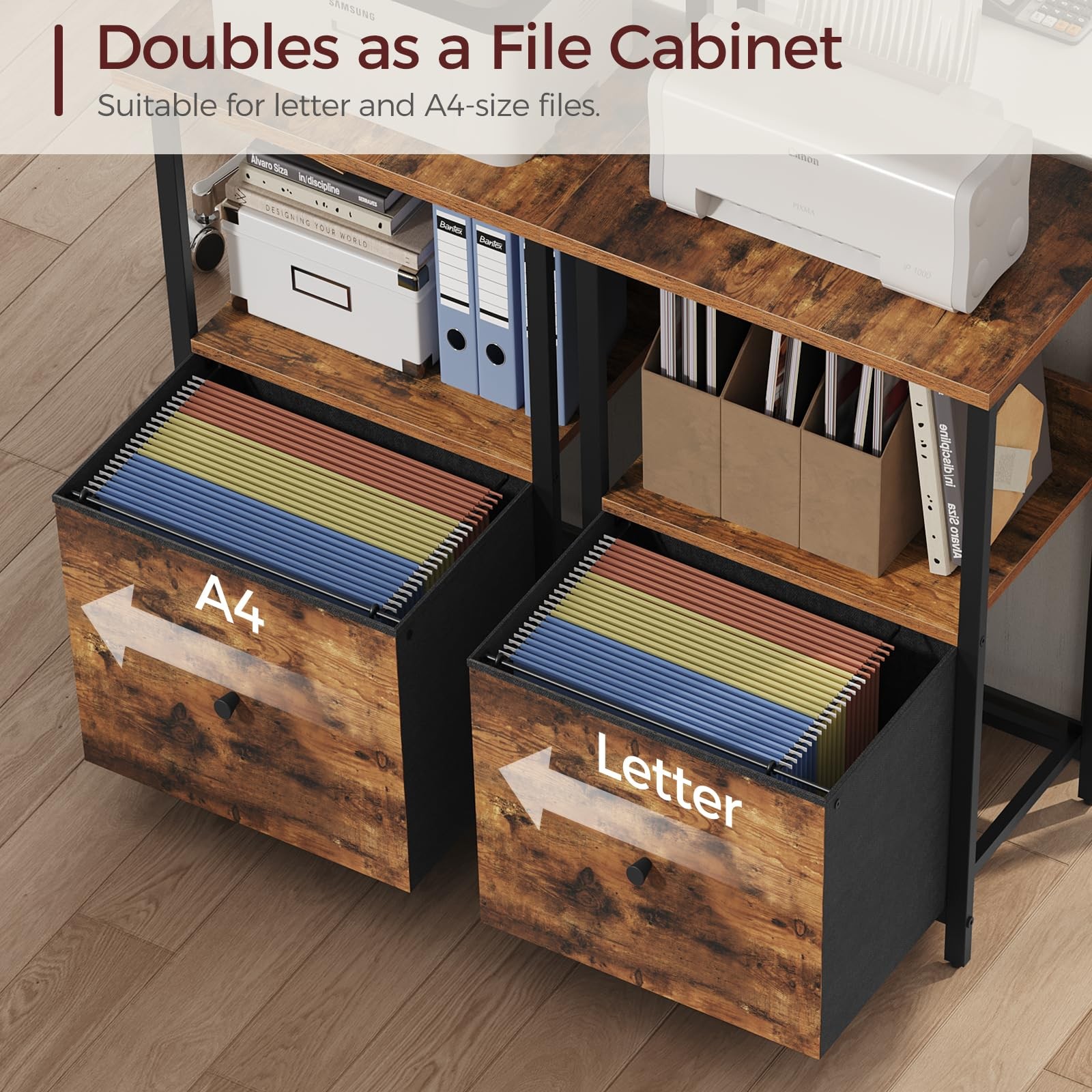 Printer Table with Storage, Home Printer Stand with File Cabinet, Fits A4/Let...