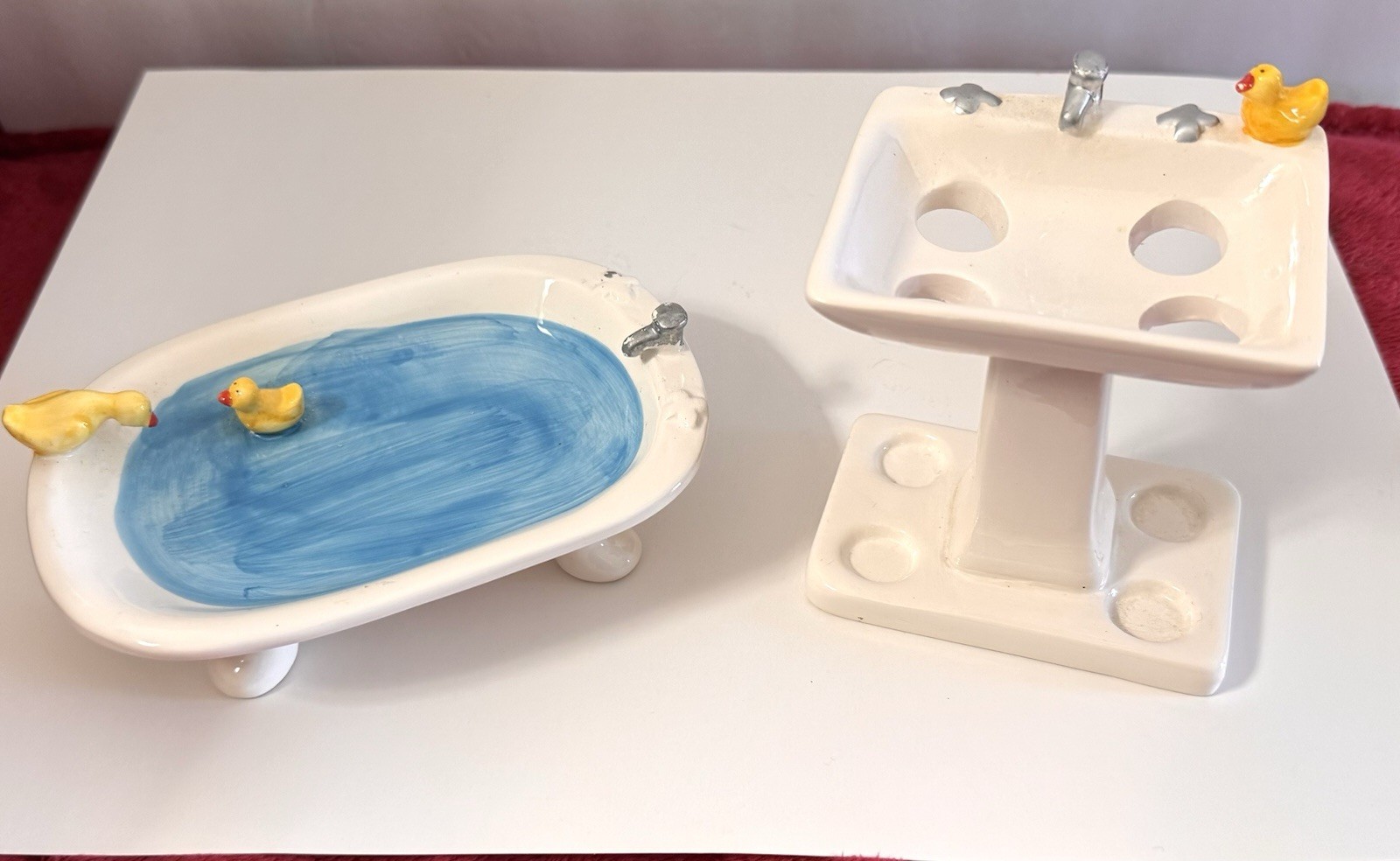 Fun Rubber Duckie Ceramic Bathroom Set: Toothbrush & Soap Holders