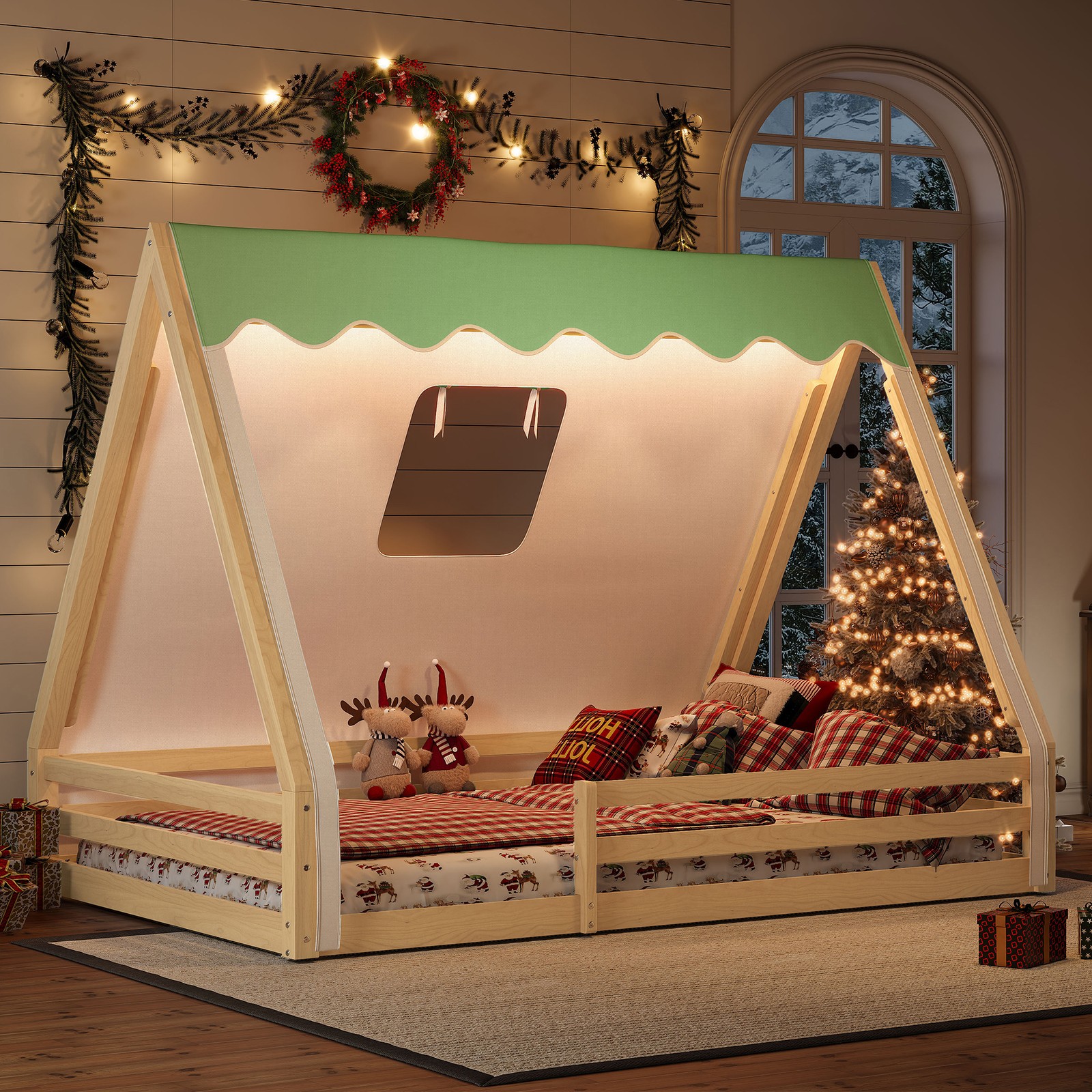 Full Size House Floor Bed with Tent and Light,Wood Teepee Floor Bed w/Guardrails