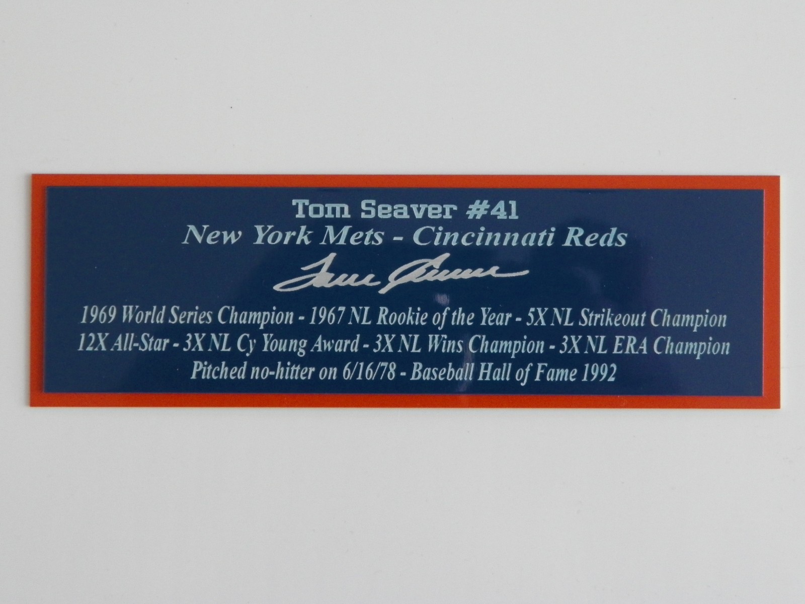 Tom Seaver Autograph Nameplate New York Mets Cincinnati Reds Photo Ball Jersey