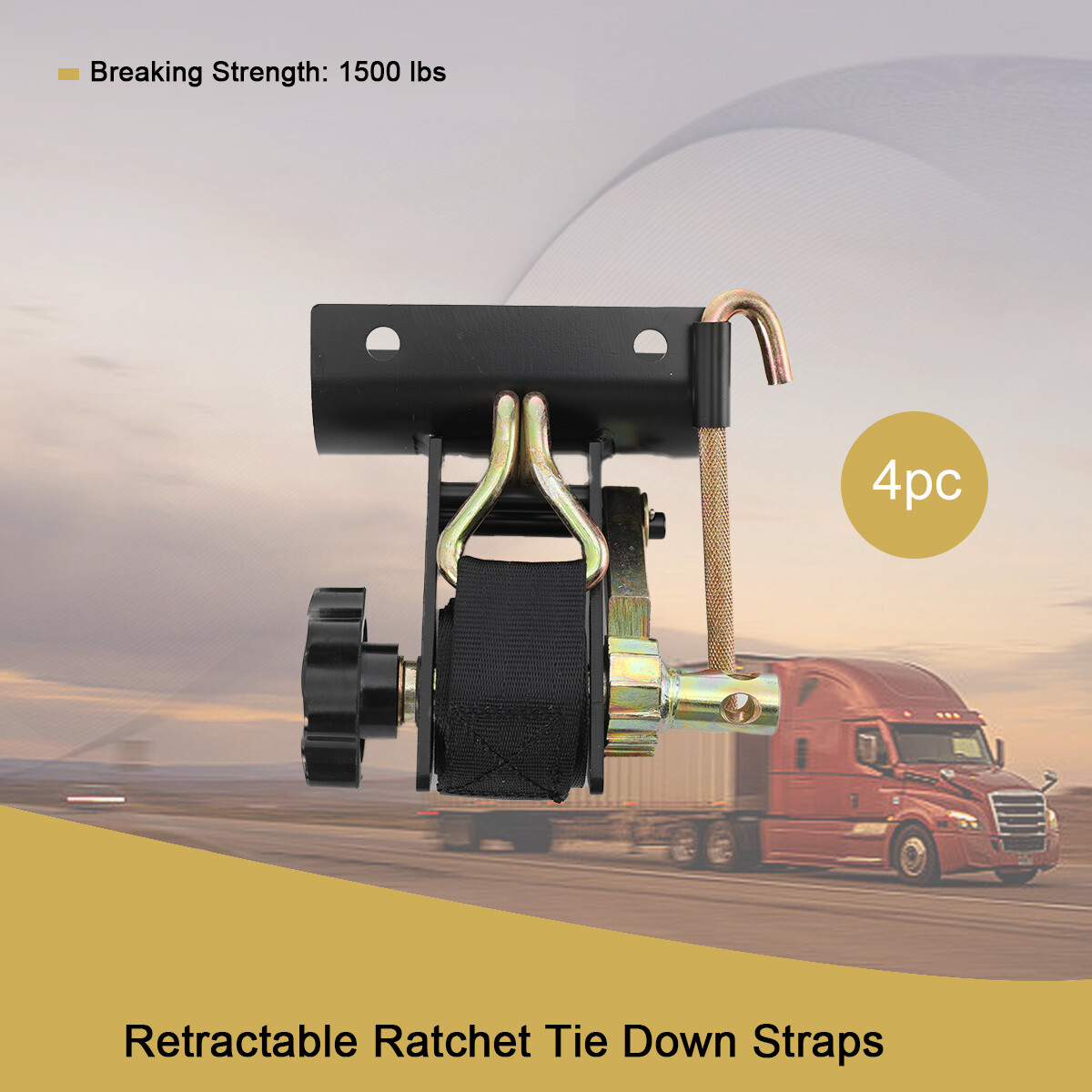 Ladder Rack Ratchet Straps w/J-Hook 1.5"x7.5" Black, Round Tube Mount 500lb Load